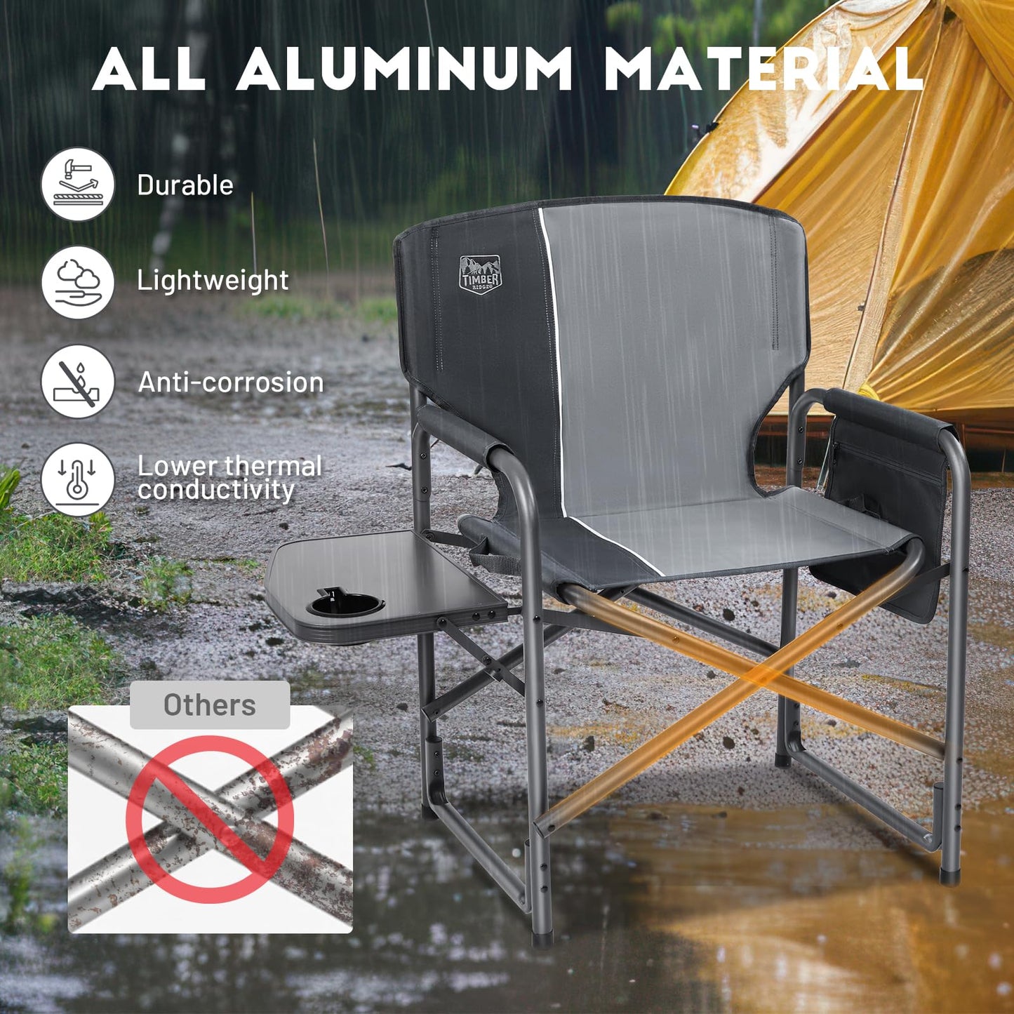 Timber Ridge Aluminum Oversized Camping Chair, Lightweight Portable Directors Chair with Side Table Detachable Side Pocket for Outdoor Camping, Lawn, Picnic, Support 400lbs Gray