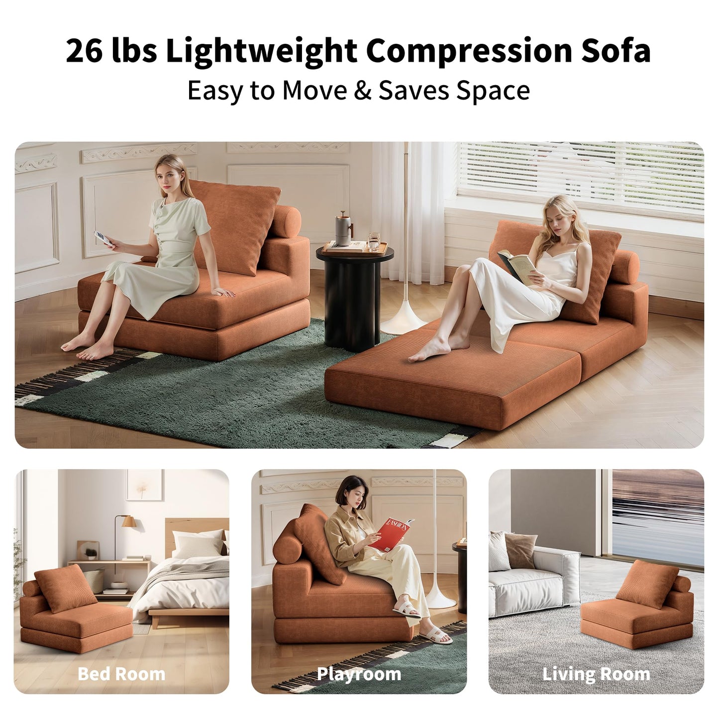 Lumbershed Folding Sofa Bed, 3-in-1 Convertible Sleeper Chair Bed with Pillows, Foldable Floor Couch with High-Density Foam, Futon Small Boneless Couch for Living Room Bedroom Lounge, Single, Brown