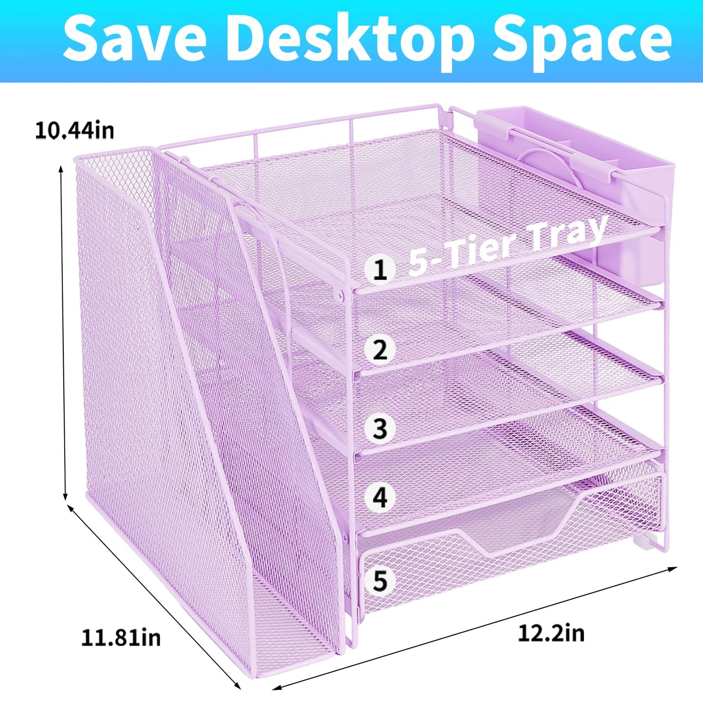 Gugsey Desk Organizers and Accessories, 5-Tier Paper Letter Tray Organizer with File Holder, Drawer & Pen Holder, Office Desk Accessories, Desktop Organizer for Classroom Office Supplies, Purple