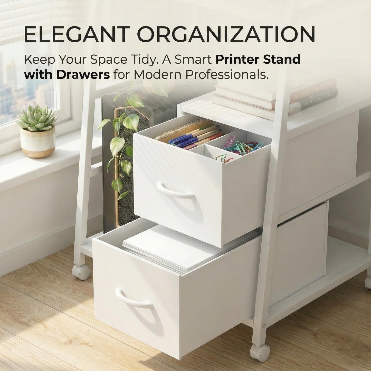 ZEXVIDA Printer Stand Featuring Fabric Drawers, Under Desk Host Computer Cabinet and Shredder Shelf, Heavy Duty Printer Stand with Storage Workstation Organization Printer Table for Home Office