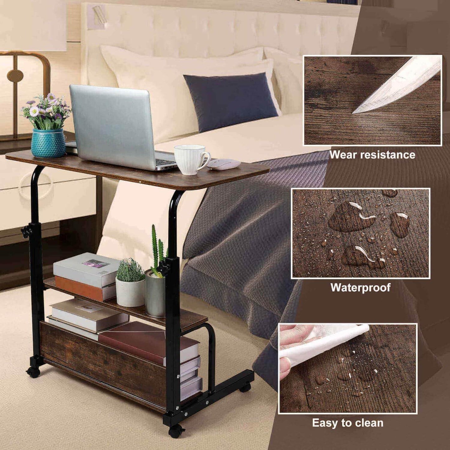 Adjustable Height Mobile Computer Desk for Small Space Rolling Writing with Wheels Corner Home Office Study Portable Desks Standing Desk Rolling Desk Mobile Laptop Table Size 31.5X15.7 Inch Brownish