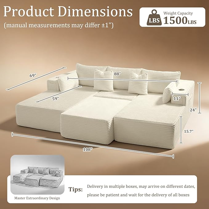 108" Cloud Sectional Couch, Comfort Sleep Sofa