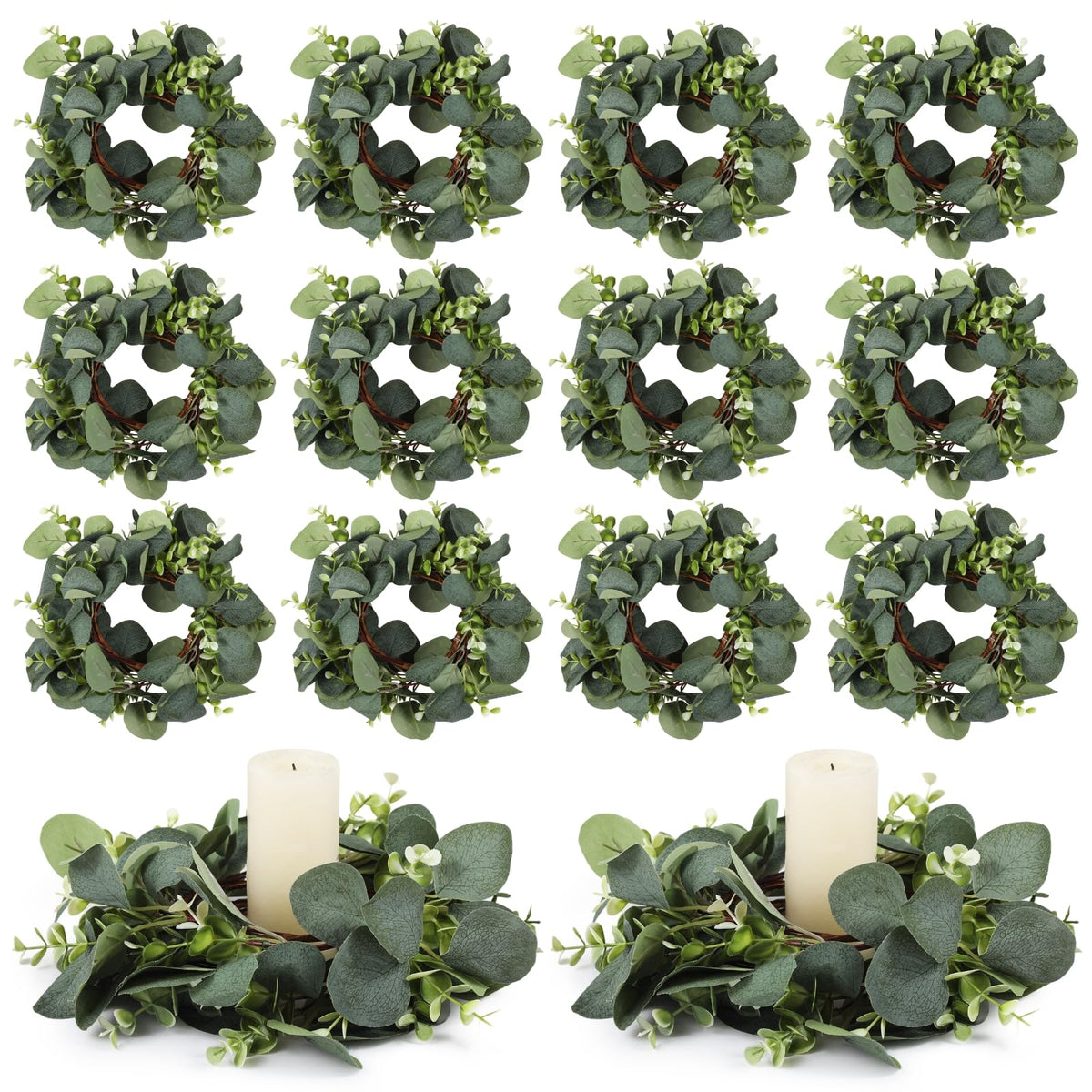 Wedding Candle Rings Wreaths, 20 Pcs Artificial Eucalyptus Leaves Wreaths for Summer, Spring and All Seasons, Green Eucalyptus Leaves for Home Decoration Rustic Farmhouse Decor Party Home Table Decor
