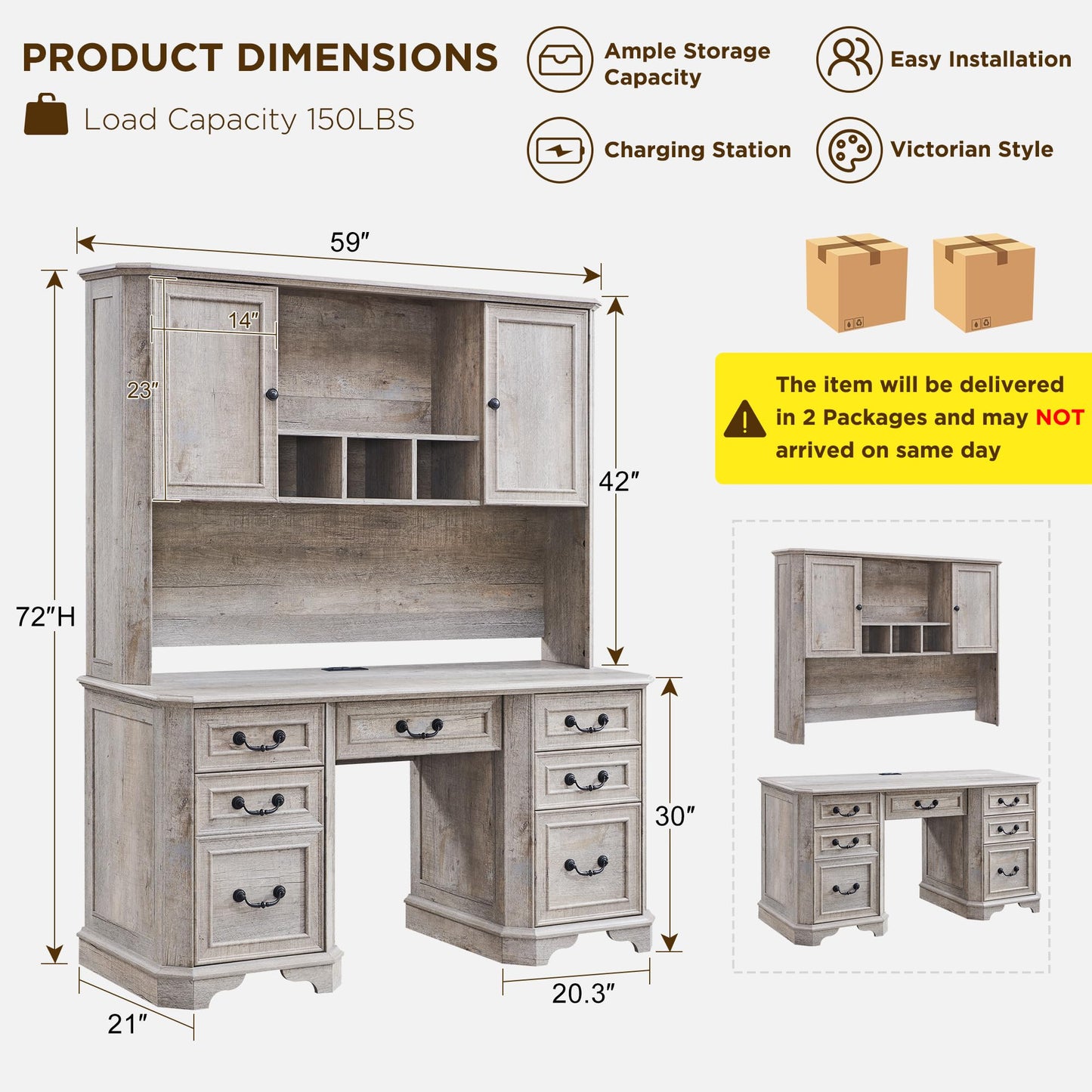 T4TREAM 59" Farmhouse Executive Desk with Hutch,Wood Home Office Computer Desk, Featuring Keyboard Tray,Charging Station,File Drawer, Storage Cabinet,for Work and Study (Light Rustic Oak)