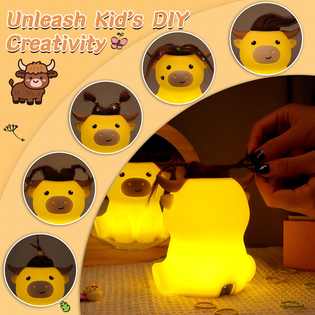 Okayera Highland Cow Night Light, Fluffy Cow Squishy Lamp for Kids, Soft Silicone Animal Nightlamp with 2 Levels Dimmable & 20 Mins Timer, Rechargeable LED Light Gifts for Baby Boys Girls