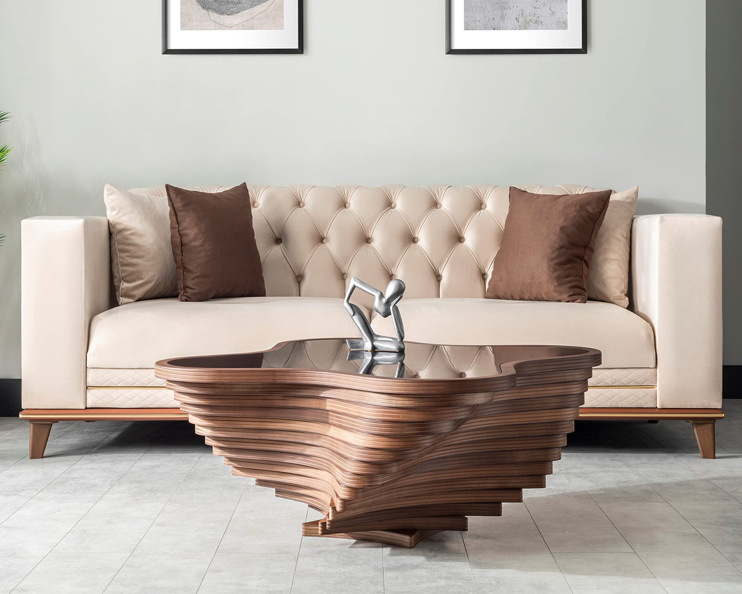 Papella Design Modern Coffee Table – Natural Walnut Veneer, Tempered Glass Top, Layered Wave Design, Rustic Wood, Contemporary Living Room Table, Luxury Home & Office Decor, Mesa de Centro para Sala.
