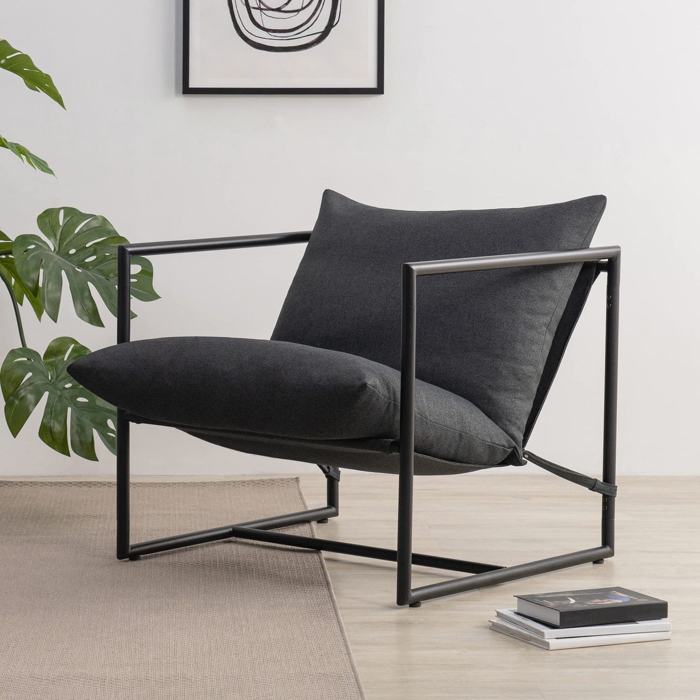 Zinus Aidan Sling Accent Chair, Metal Framed Armchair with Shredded Foam Cushioning, Dark Grey