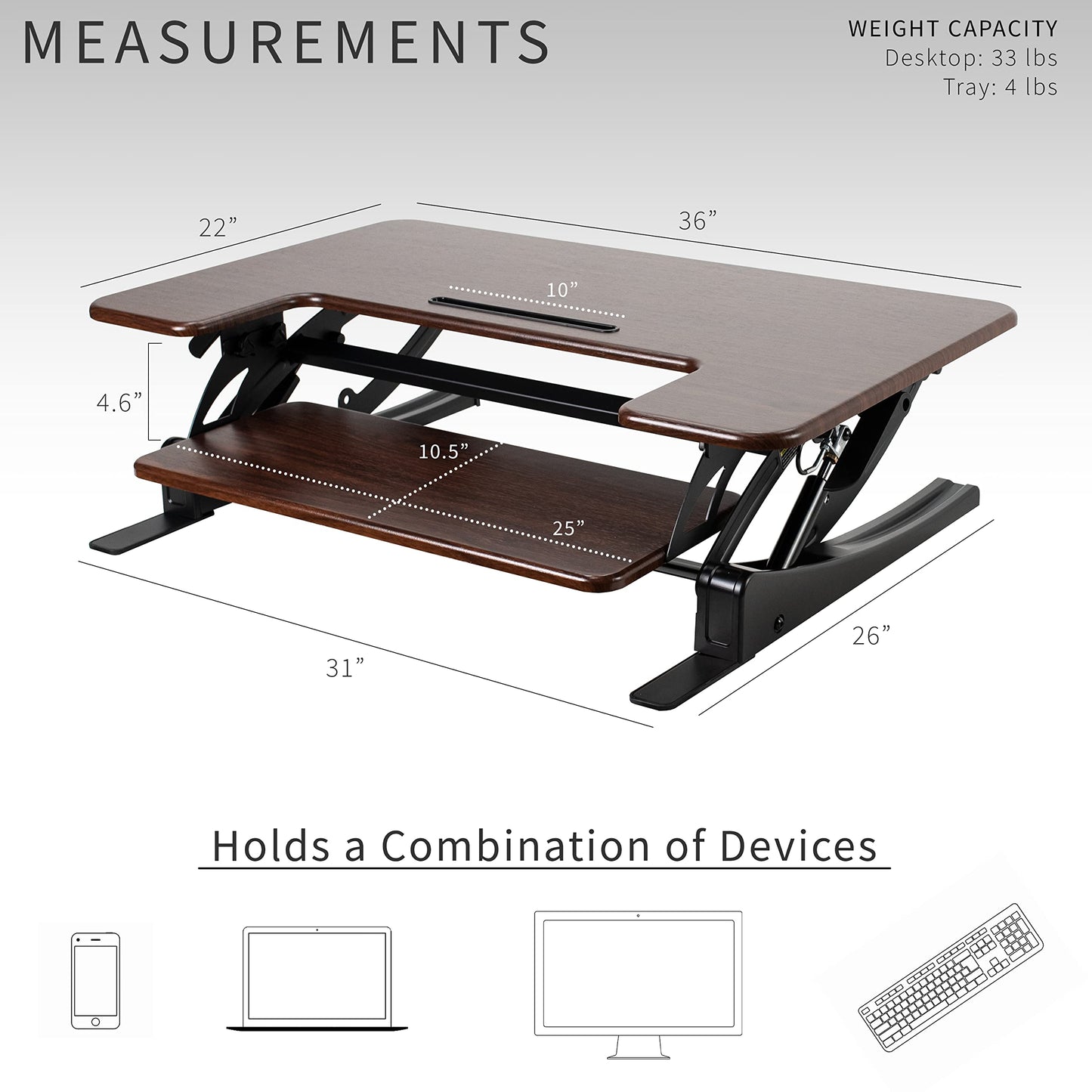 VIVO 36 inch Height Adjustable Stand Up Desk Converter, V Series, Quick Sit to Stand Tabletop Dual Monitor Riser Workstation, Dark Walnut Top, Black Frame, DESK-V000VD