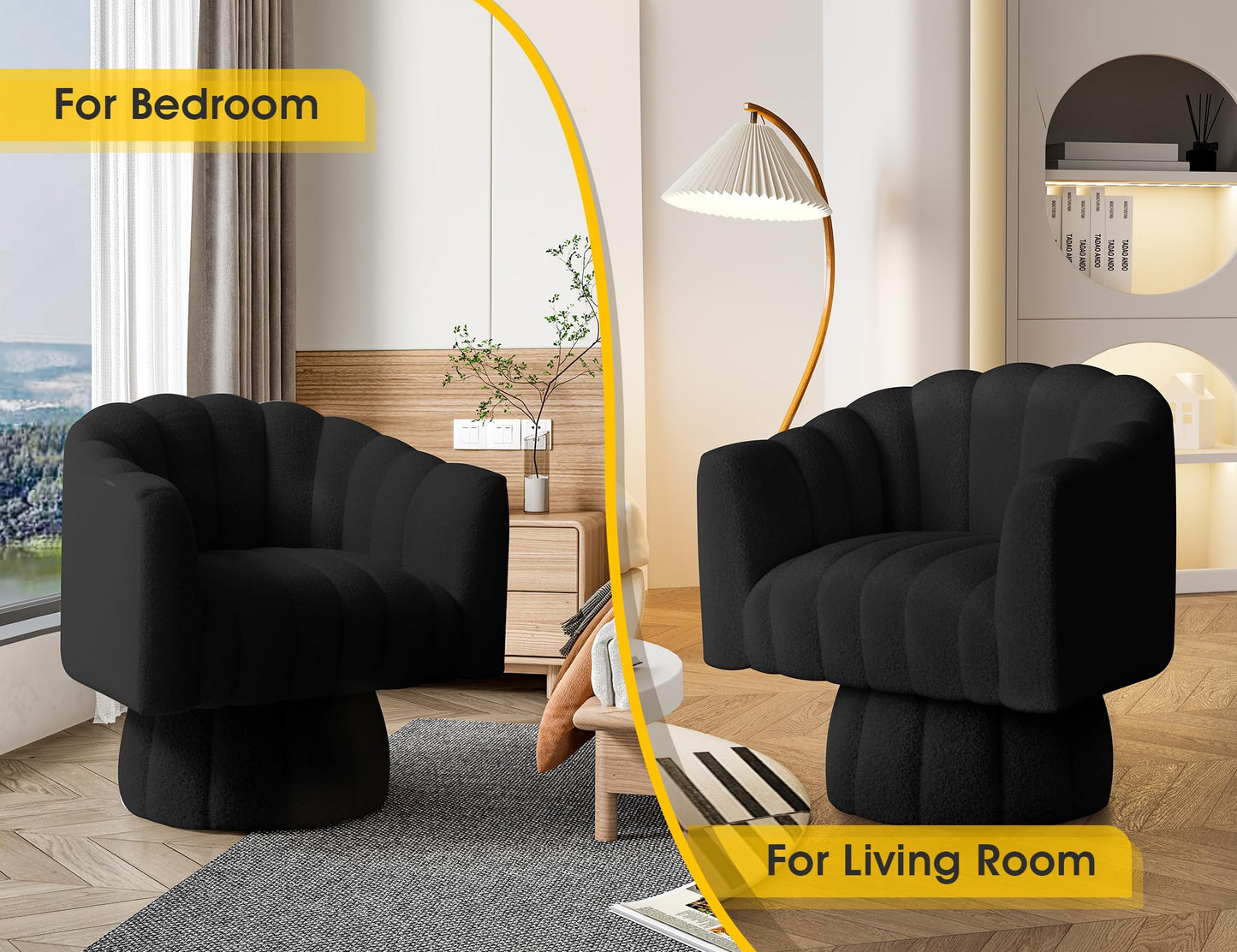 Dewhut Swivel Accent Chair, 360° Swivel Barrel Chair with Armrest, Sherpa Upholstered Single Sofa Reading Chair for Living Room,Bedroom,Waiting Room(Black)