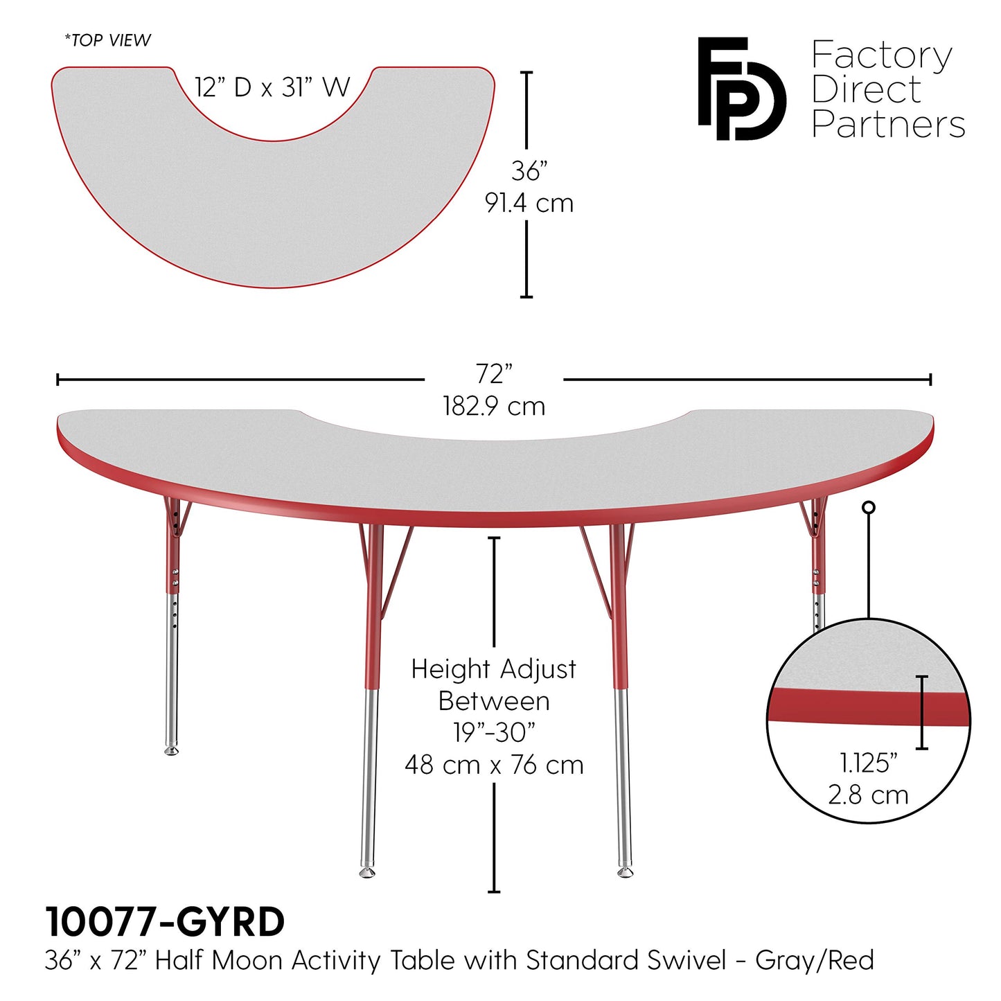 FDP Half Moon Activity School and Office Table (36 x 72 inch), Standard Legs with Swivel Glides for Collaborative Seating Environments, Adjustable Height 19-30 inches - Gray Top and Red Edge