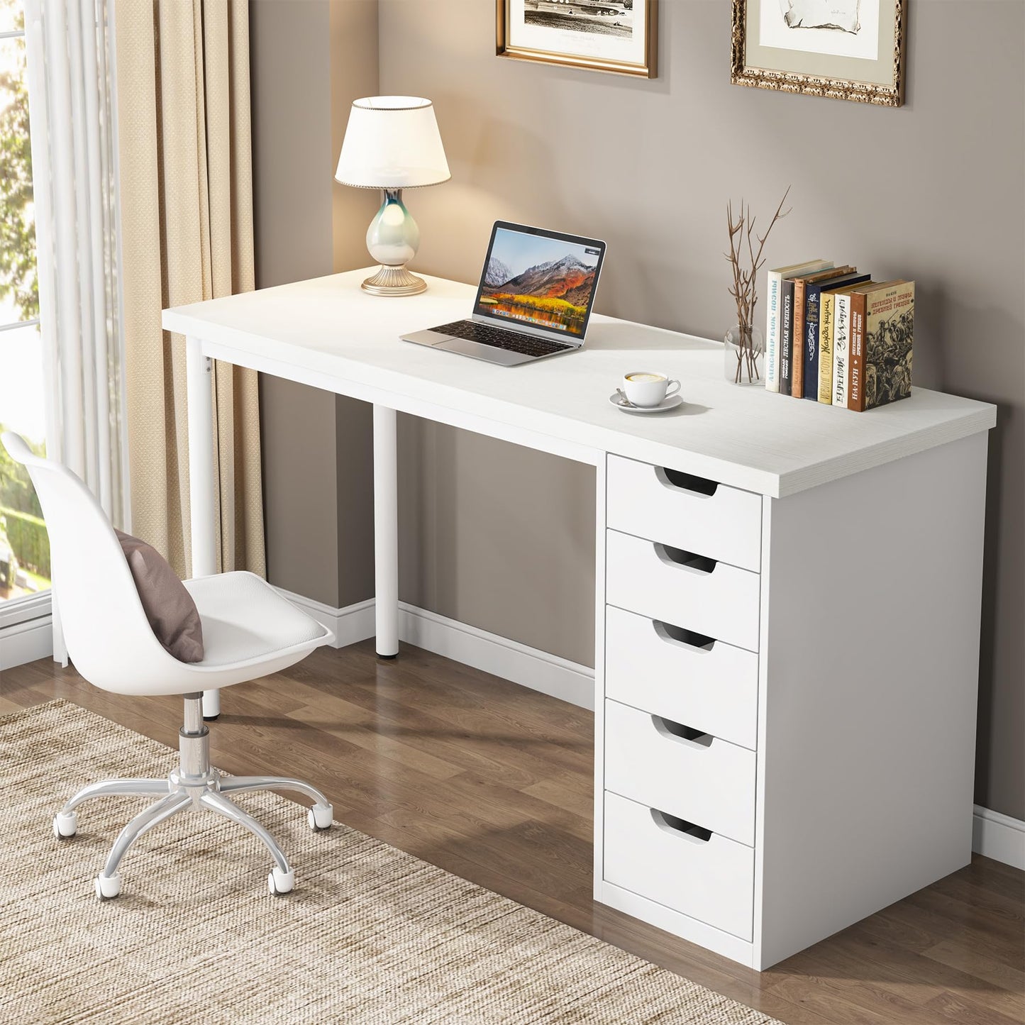 Tribesigns Computer Desk with 5 Drawers, 47 inches Rustic Brown Home Office Desk with Storage, Modern Simple Laptop Desk Study Writing Table for Small Spaces (1, White)