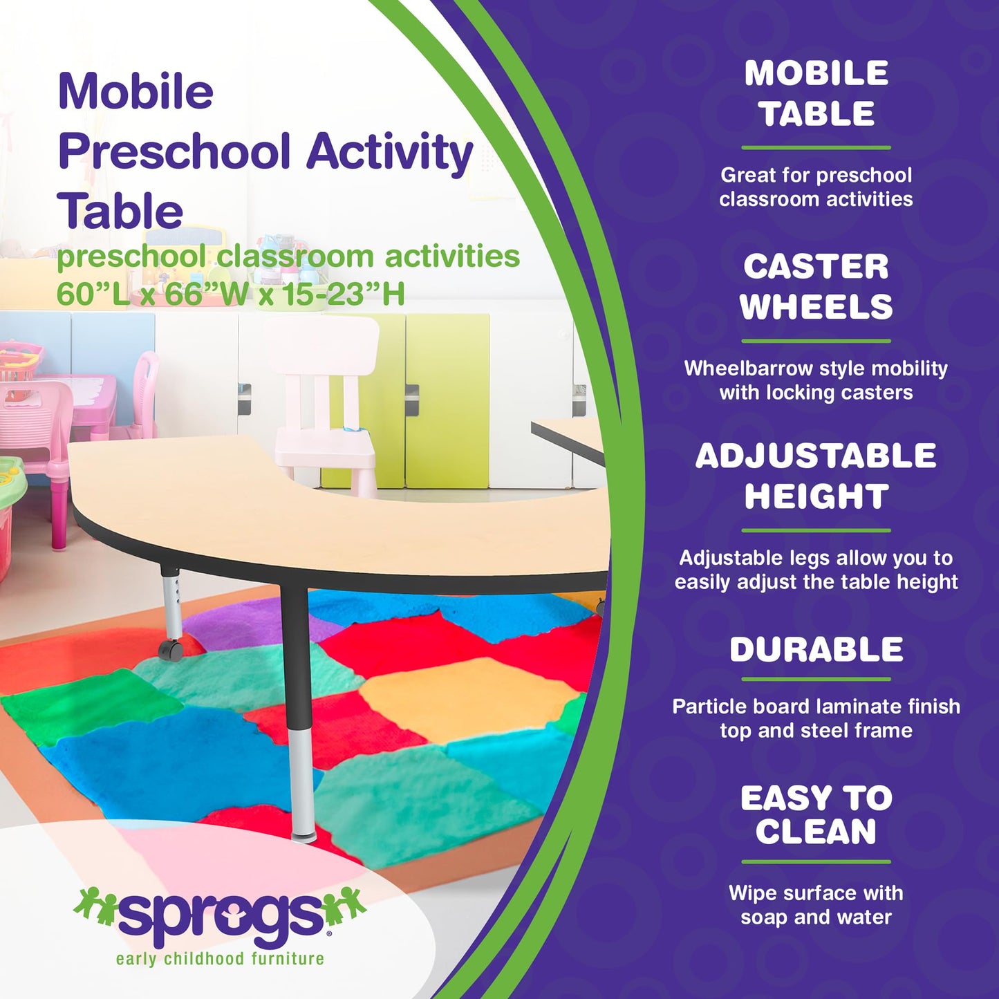 Sprogs Adjustable Height Mobile Classroom Activity Table for Preschools, Horseshoe Preschool Activity Table with Casters, 60"L x 66"W x 23"H, Maple/Black