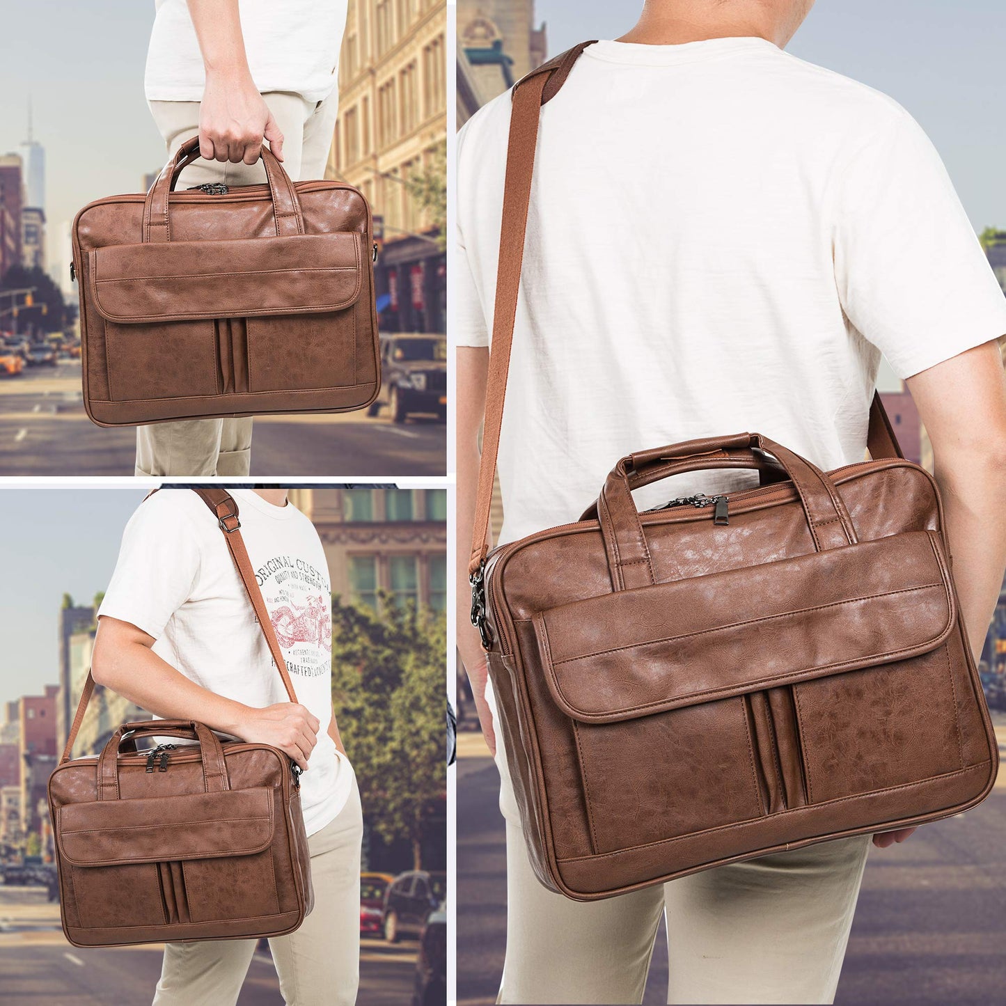 seyfocnia Mens Laptop Bag,17.3 Inch PU Leather Messenger Bag Water Resistant Business Travel Briefcase, Work Computer Bag Satchel Bag Husband（Brown）