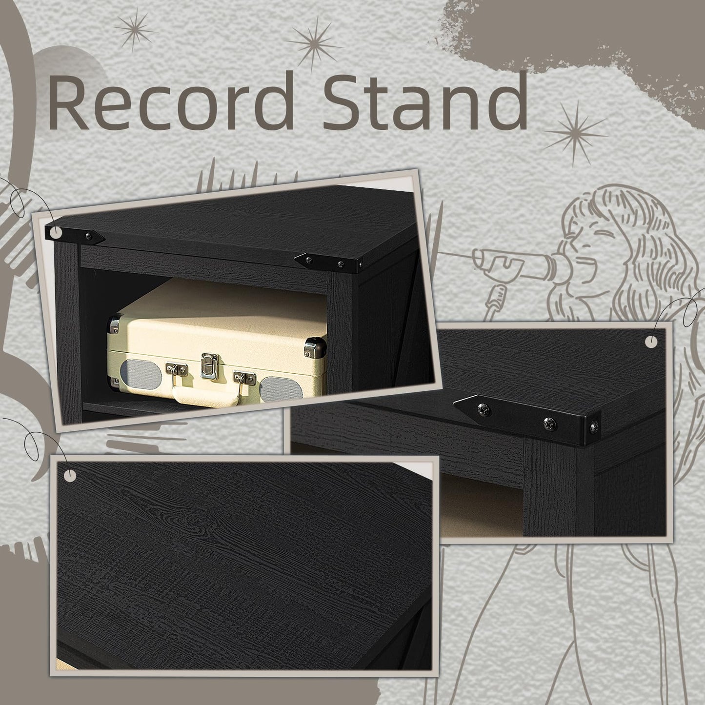 Joaxswe Record Player Stand with Vinyl Record Storage,Black Record Player Table Holds up to 160 Albums,Large Wood Turntable Stand Cabinet Dispaly Shelf for Living Room,Bedroom,Office