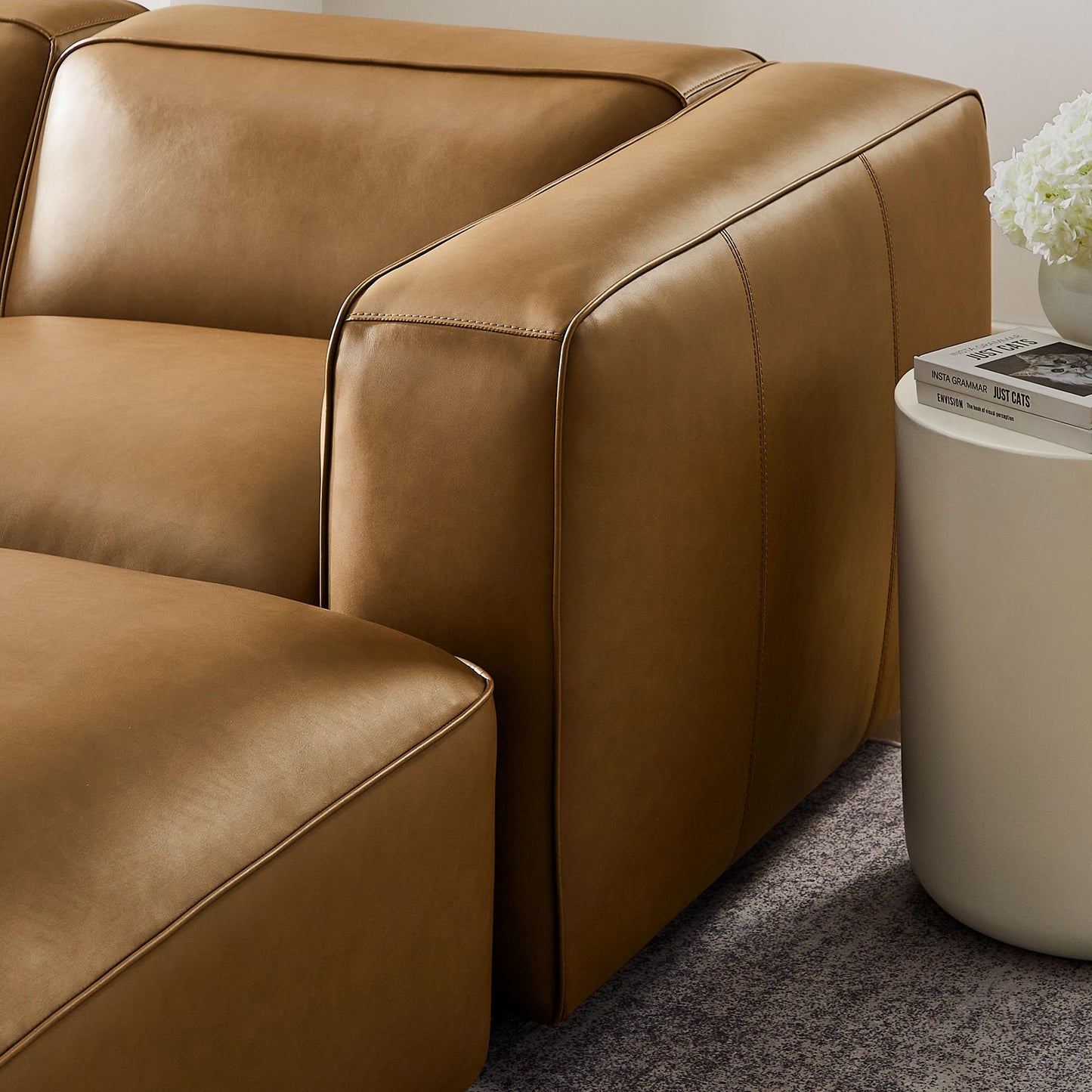 Modway Auren Vegan Leather 5 Piece Modular U-Shaped Sofa in Camel - Faux Leather Sectional - Comfy PU Leather Sofa - Oversized Mid Century Modern Couch for Living Room or Apartment