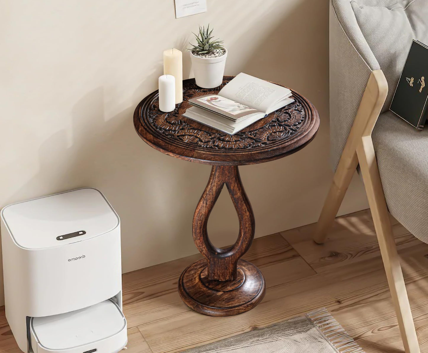 Side Tables Round – Small Drink Table for Small Spaces, Modern Accent Nightstand with Hand-Carved Top & Solid Wood Tables for Living Room, Bedroom, Office – Burnt Finish_18x22 Pride Styles