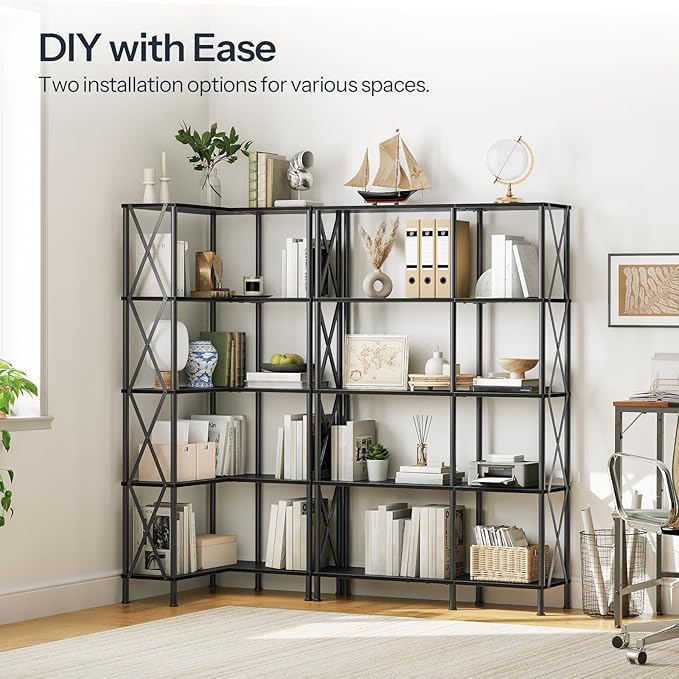 HOOBRO Corner Bookshelf, 5-Tier L-Shaped Bookcase, Industrial Open Display