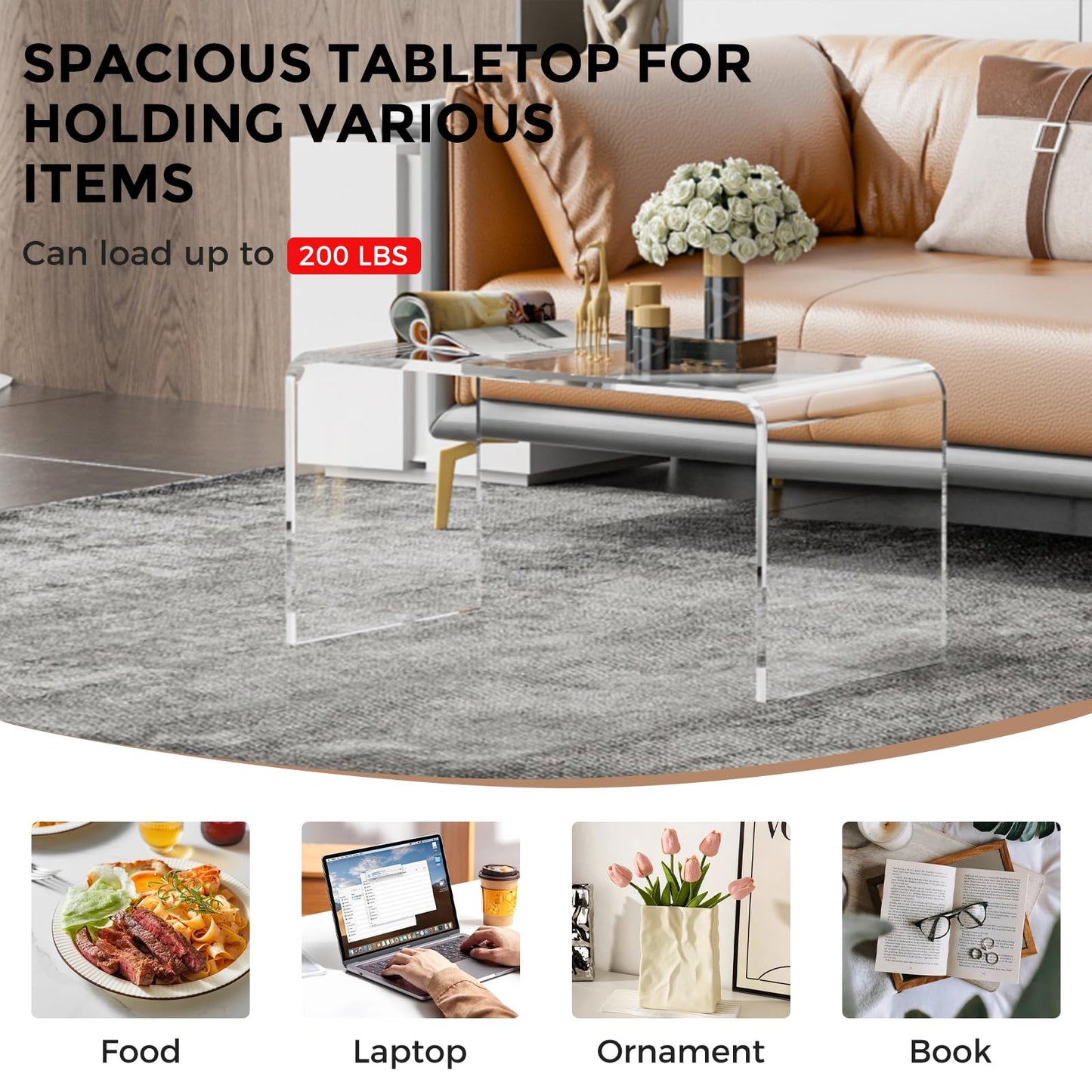 TPZLRN Premium Acrylic Coffee Table, 32" L x 16" W x 16" H Modern Clear Coffee Table, 0.6'' Thick Rectangle Waterfall Table for Living Room, Office, Hotel, Showroom, Transparent