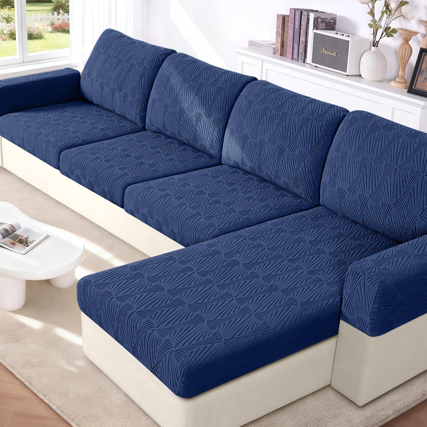 VANSOFY Couch Cushion Covers for Sectional Sofa, Stretch Jacquard Couch Seat Cushion Covers, Individual Washable Furniture Protector Sofa Slipcovers for Pet (3Pc Seater or Back Cover, Dark Blue)