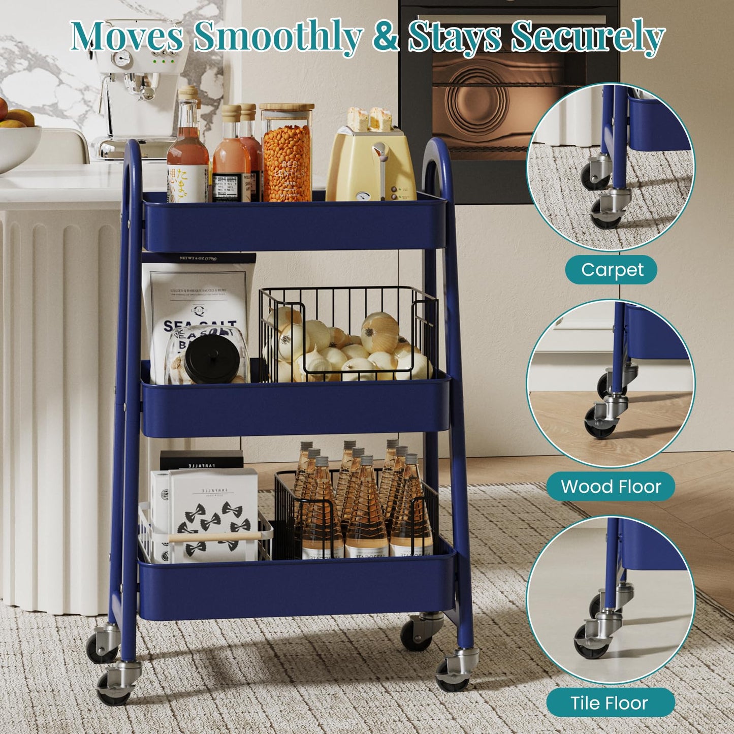 NEWBULIG 3-Tier Metal Rolling Cart with Lockable Wheels, Heavy Duty Mobile Utility Storage Shelf, Roller Book Snack Cart, Organization for Livingroom, Bathroom, Office, Blue