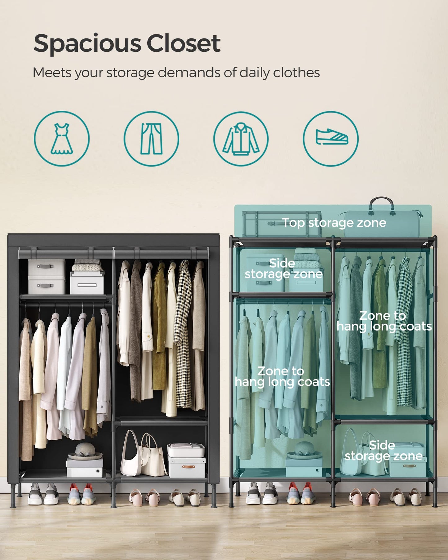 SONGMICS Wardrobe Closet, 65 Inch Heavy Duty Portable Closet, Freestanding Closet Organizer, Clothes Rack with Cover, 2 Hanging Rails, 3 Shelves,4 Side Pockets,Black URDR301B02