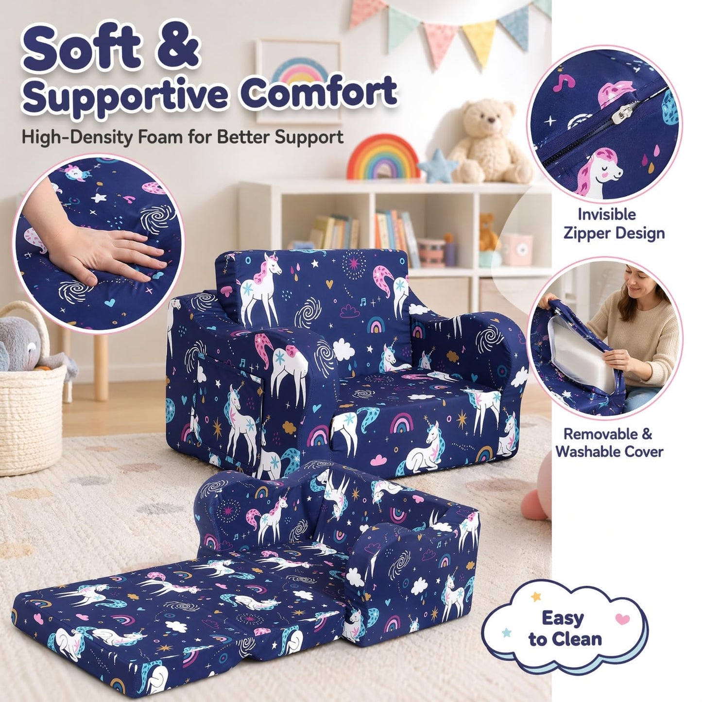 MOMCAYWEX Kids Sofa, 2-in-1 Flip-Out Foam Couch, Foldable Soft Play Lounge Chair, Light Purple