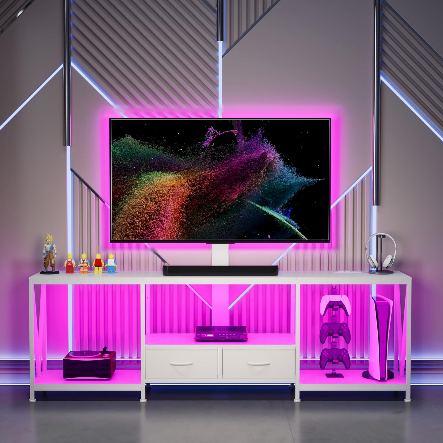 NinPeen 63" W TV Stand with Mount for 55,65,75" TV,Entertainment Center with Power Outlet and Led Lights,Height Adjustable TV Console Table with Open Storage Shelves and Fabric Drawers (White, 63" W)