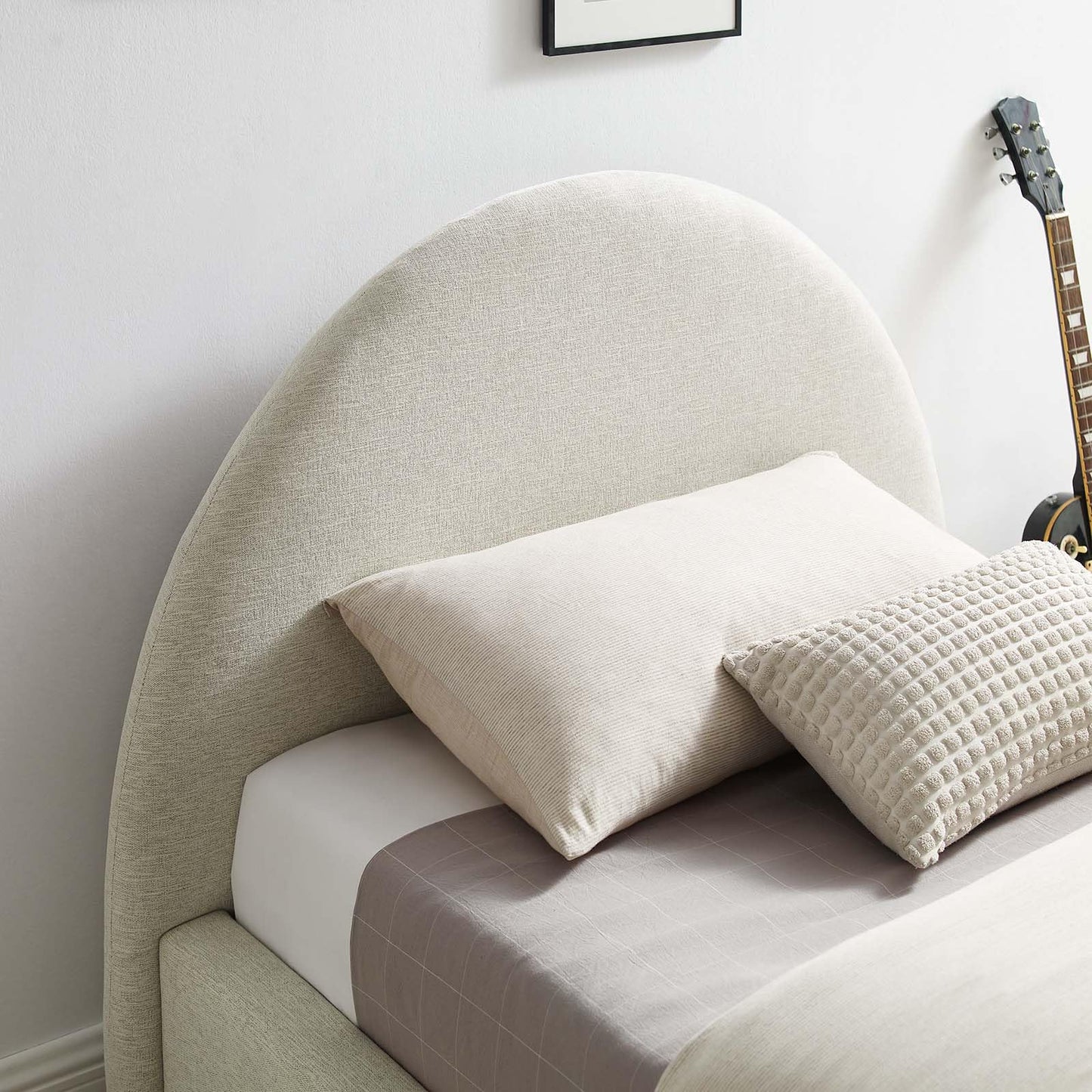 Modway Resort Twin Size Platform Bed with Arch Shaped Round Headboard in Heathered Weave Ivory, Woven Heathered Fabric Upholstery, Soft Cloud Bed Frame, No Box Spring Needed, Strong Wood Slats