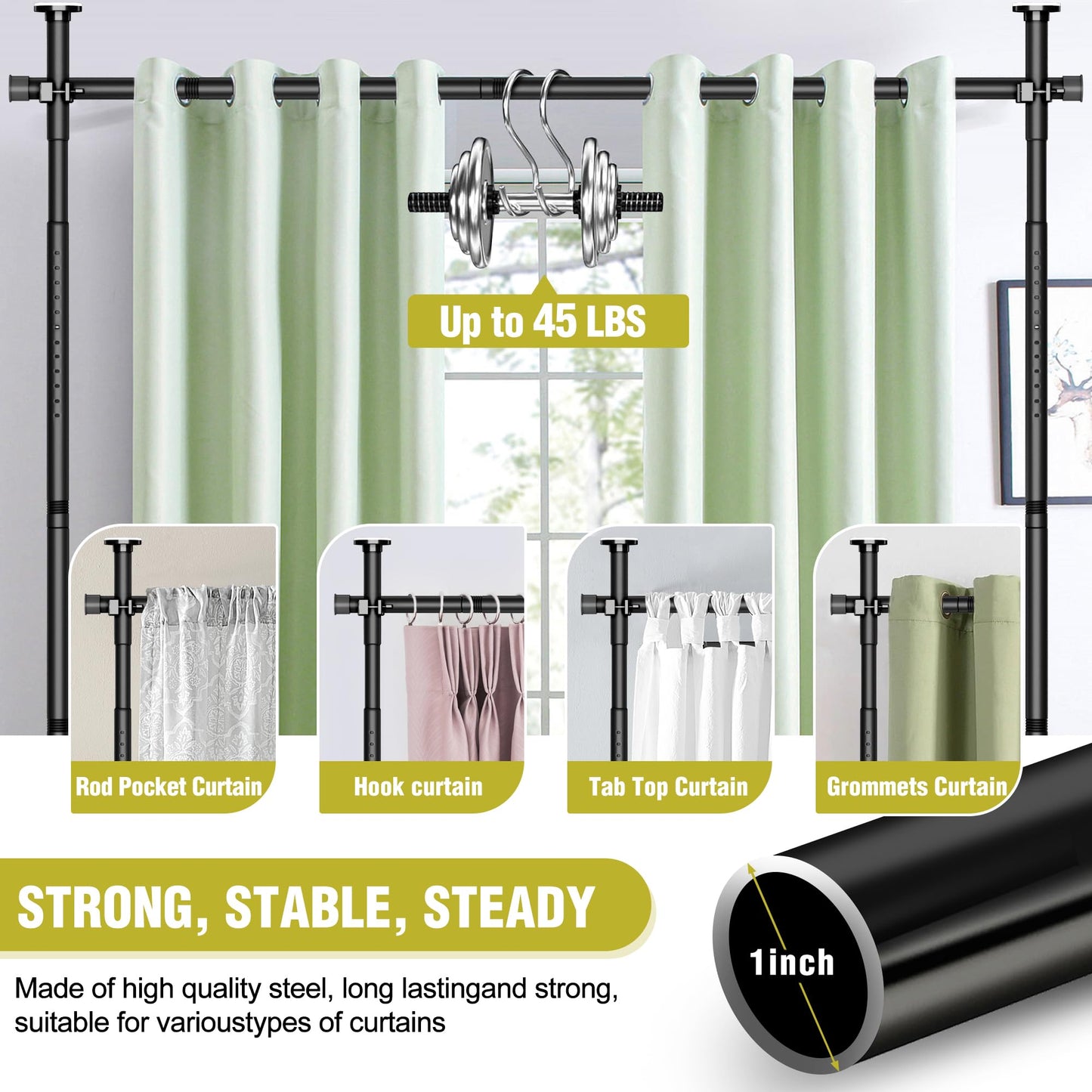 Room Divider, No Drilling Curtain Rod for Room Separation, 4-10ft(H) 29-73"(W) Adjustable Wall Divider, Heavy Duty Floor to Ceiling Tension Rod Space Partition Privacy Separator for Dorm Office, Black