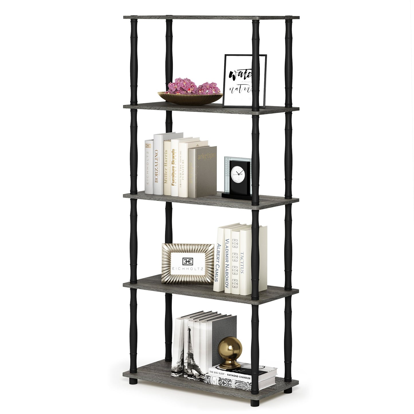 Furinno TURN-S-TUBE Storage Shelves, 5-Tier Book Shelf, Corner Shelf, Toolless Open Shelves, Classic Tubes, for Organization and Storage, Living Room, Garage, Home Office, French Oak