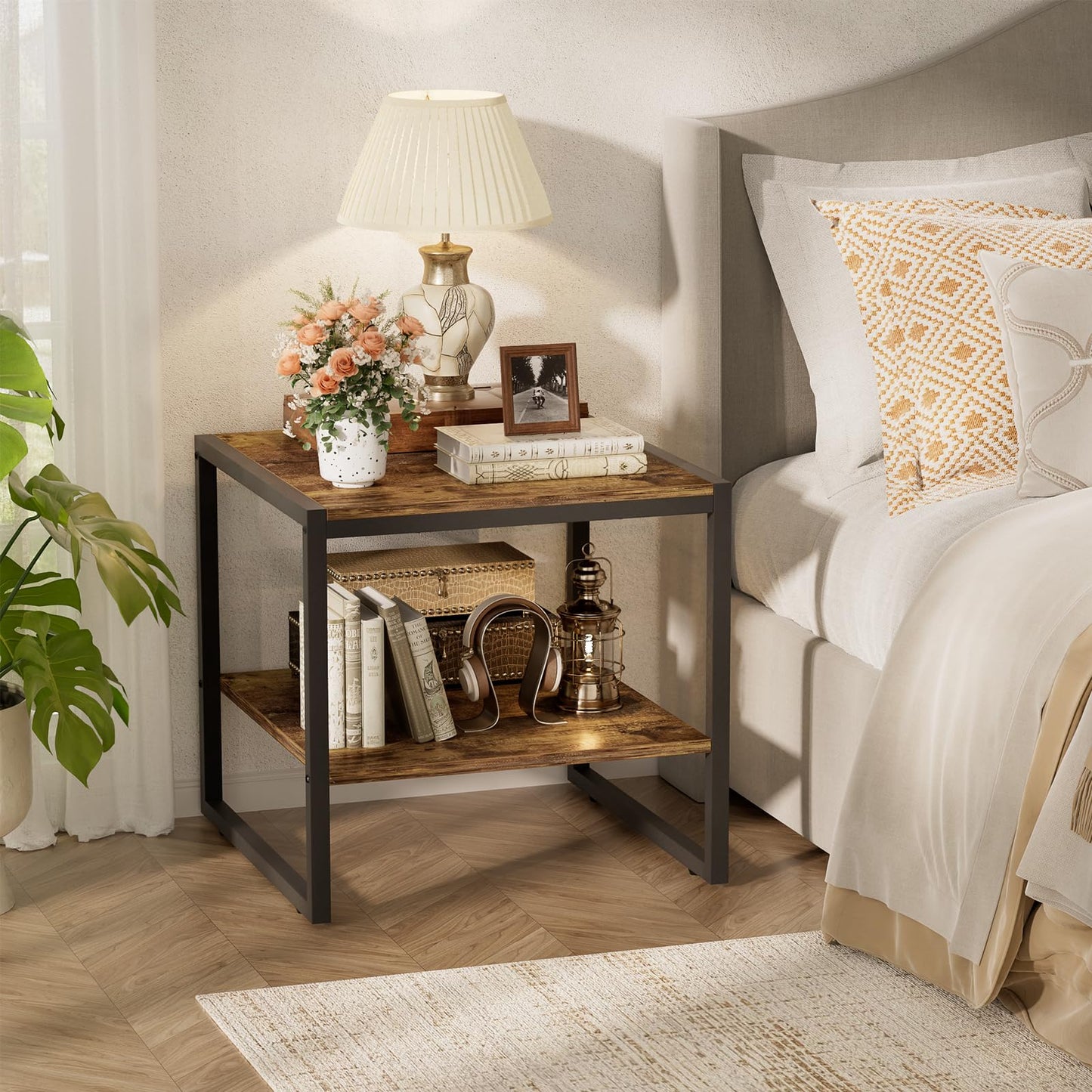 Homieasy End Table, 20 Inch Square End Table, Mini Fridge Stand with 2-Tier Storage Shelves, Industrial Wood Side Table Small Table Stand for Living Room, Bedroom, Office, Rustic Brown