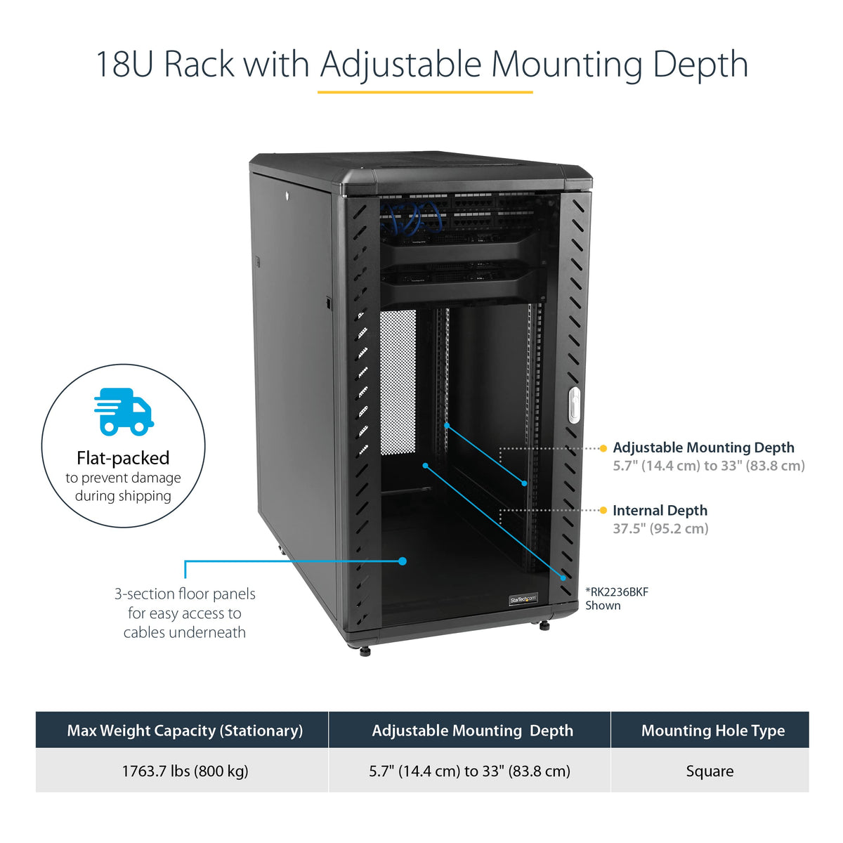StarTech 18U Enterprise-Grade Server Rack Cabinet, 19in Enclosed 4-Post Rack with 33in (83cm) Mounting Depth and 1764lb (800kg) Weight Capacity