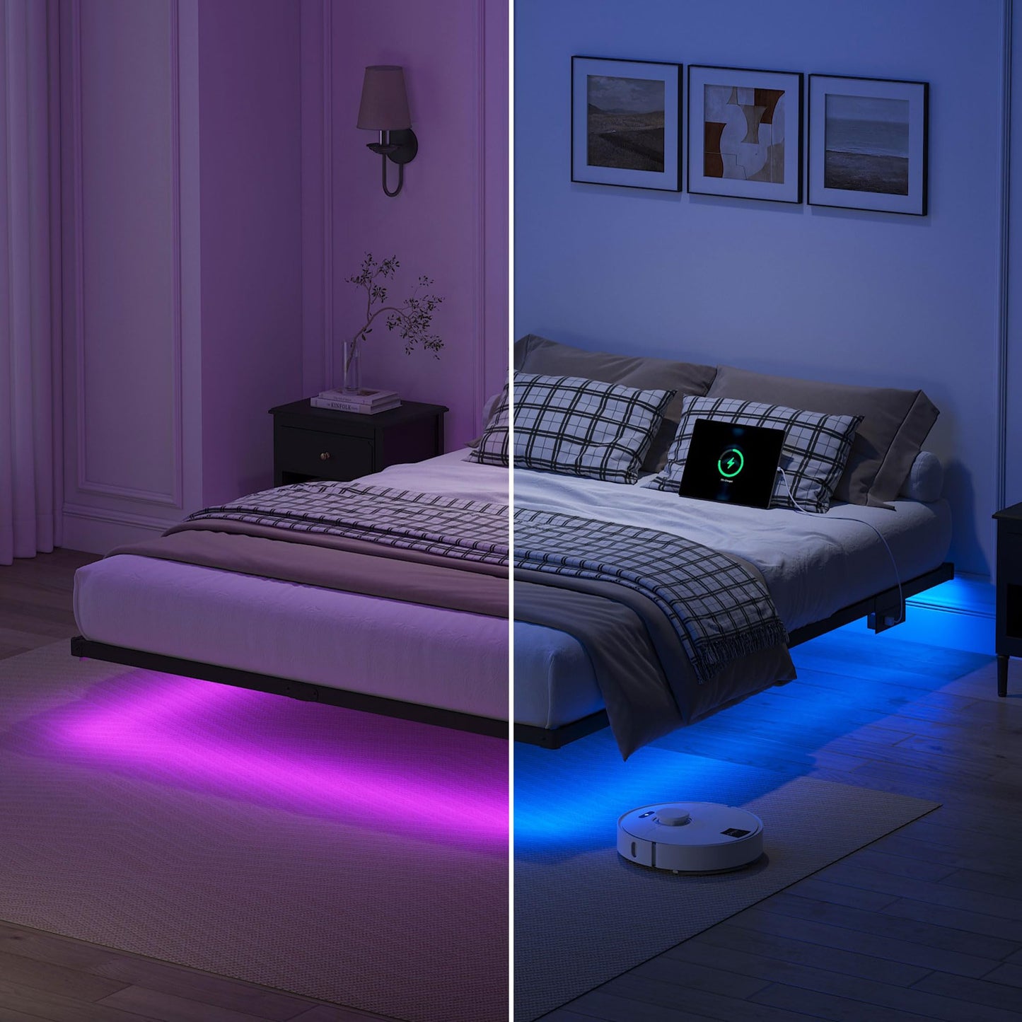 YORMDMO Floating Bed Frame Full Size, Heavy Duty Bedframe with Smart LED Lights & Charging Station, Modern Metal Platform Bed, Easy Assembly No Box Spring Needed, 10 Inch