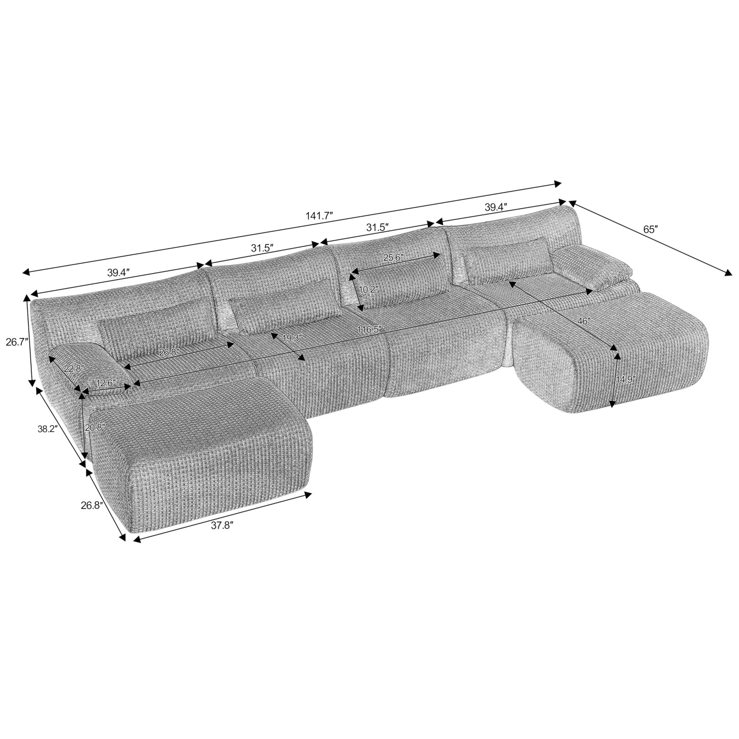 142" Oversized Cloud Sectional Couches Boneless Sofa for Living Room, Fluffy Corduroy Upholstered Corner Couch, Deep Seat Large Modular Sectional Sofa with Ottomans for Living Room