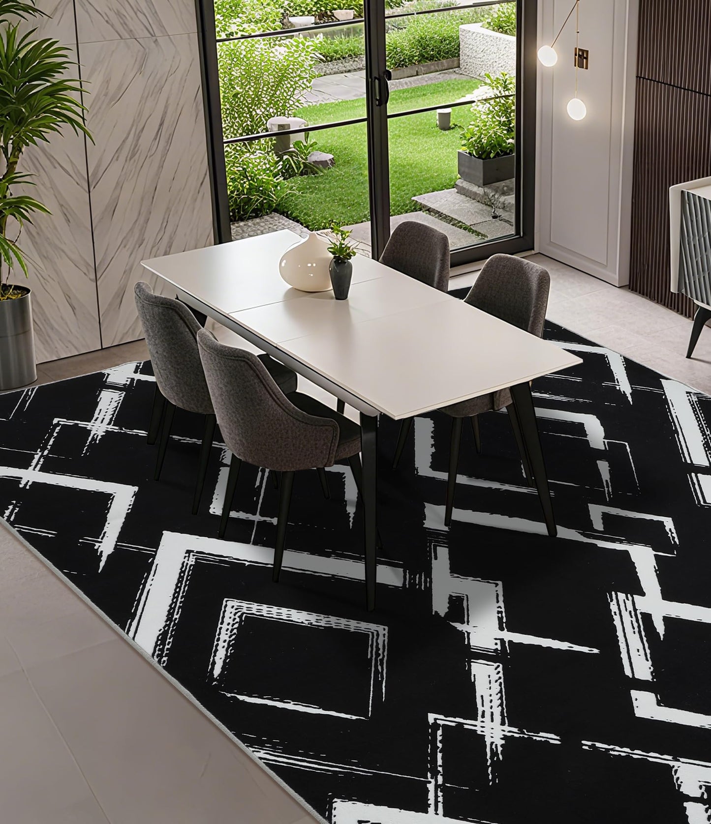 YIHOUSE Black Modern Geometric Area Rug 9x12, Black and White Rug with Abstract Diamond Patterns,Non-Shedding Washable Rugs for Bedroom, Home Office and Living Room