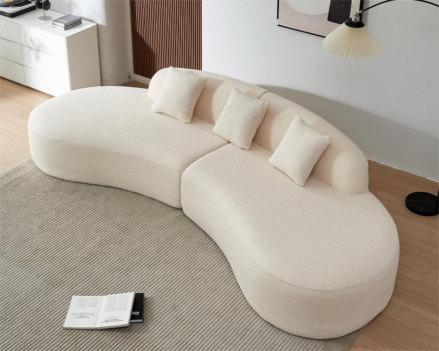 BBTJOINT Modern Curved Sectional Sofa, Boucle Fabric Boneless Couch, Oval Shape Chaise Lounge for Living Room with 3 Throw Pillows, Cream White