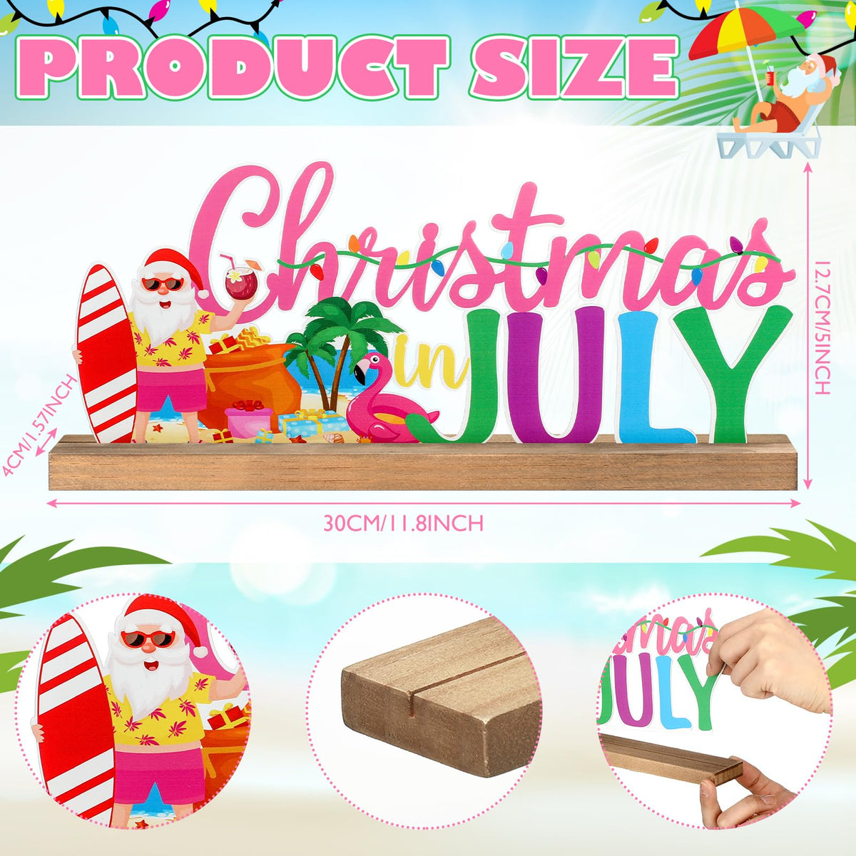 MiniInflat Christmas in July Metal Sign Rustic Table Decor Holiday Tiered Tray Decor with Wooden Base Freestanding Metal Word Sign for Home Tabletop Centerpiece Mantel Shelf Fireplace