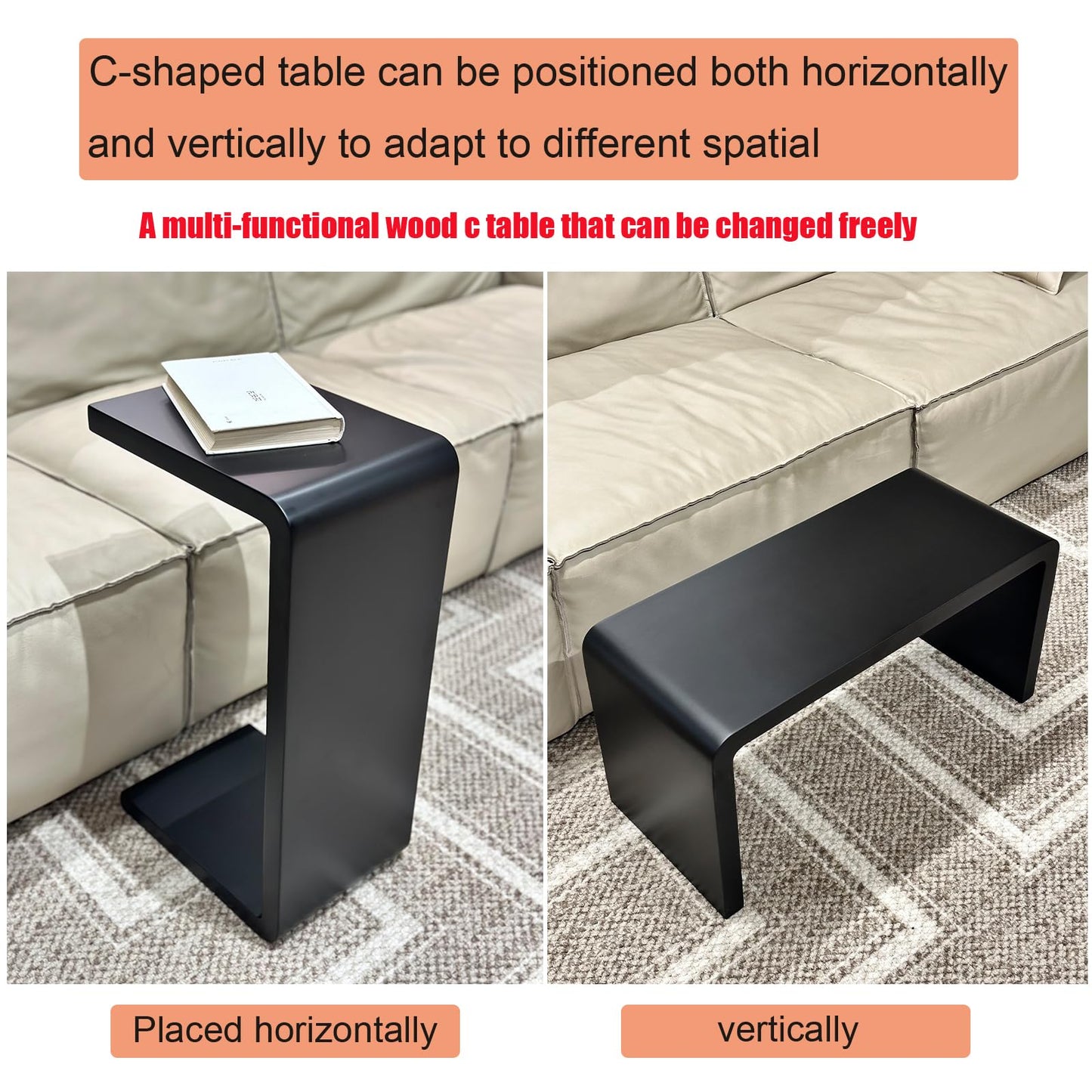 H24.4in C Shaped End Table, Black Solid Wood Sofa Side Table for Couch/ Bed/Living Room, Space-Saving Small Snack Table for Bedroom, Office, or Balcony, Wooden Nightstand for Laptop and Narrow Spaces