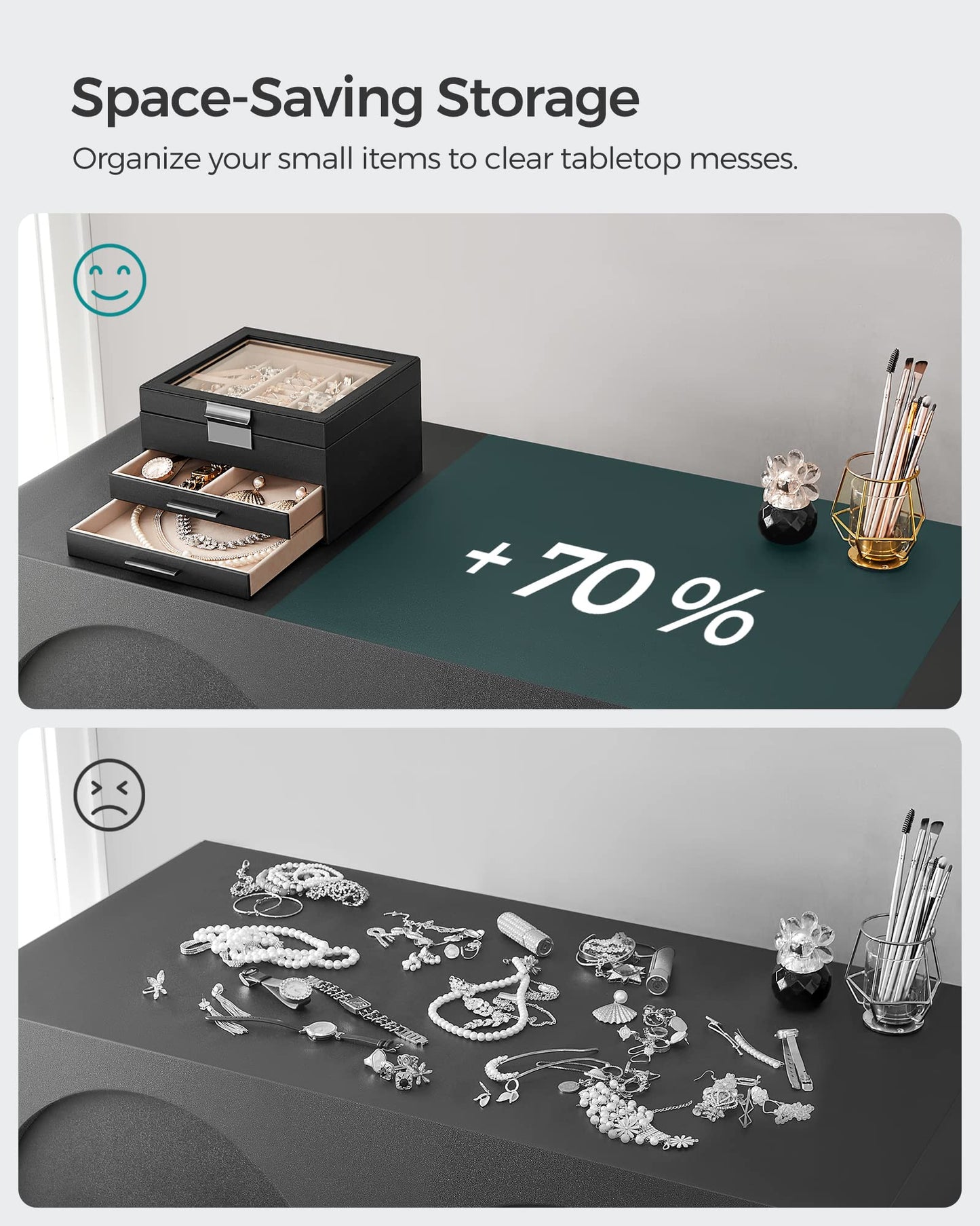 SONGMICS GISELLA Collection - Jewelry Box Organizer, 3-Layer Jewelry Storage with 2 Drawers, Shiny Metal Hardware, Glass Lid, Modern, 8 x 9.1 x 5.3 Inches, Graphite Black and Silver UJBC239BK