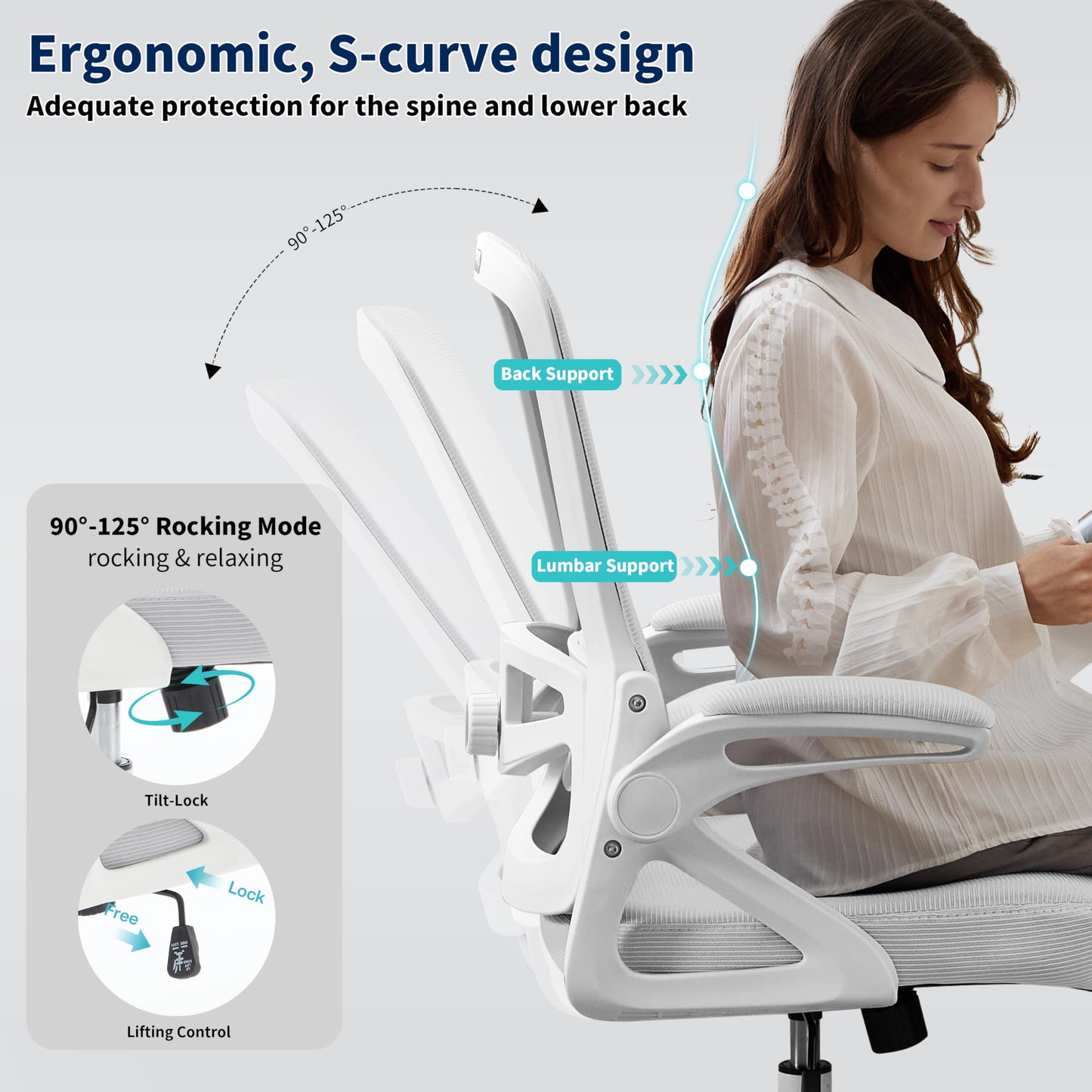 Nexthro Ergonomic Office Chair, Desk Chair with Adjustable Lumbar Support, Breathable Mesh Comfy Computer Chairs with Flip-up Armrests Executive Task Chair for Adults Home Office(Gray)