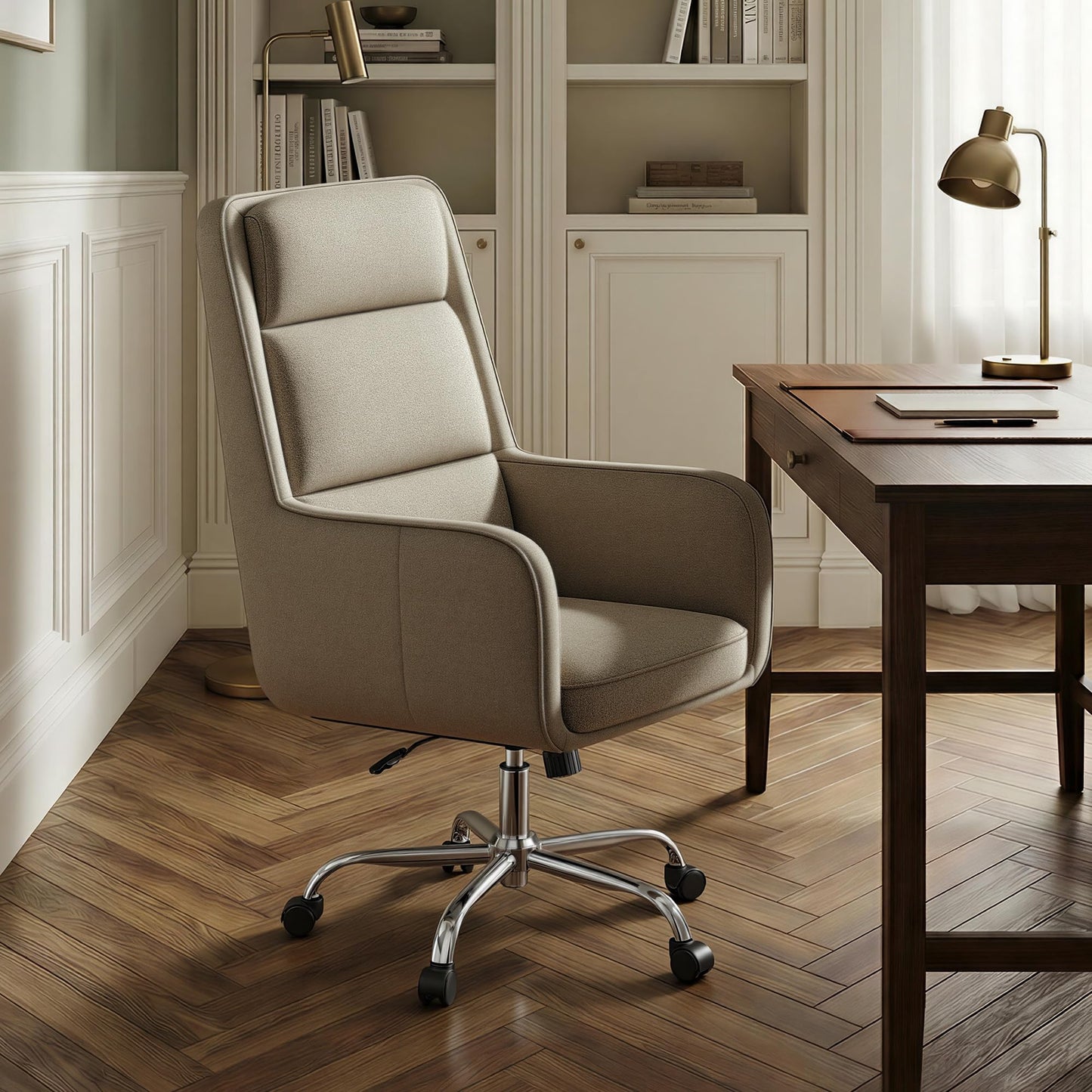 COLAMY Cocoon Modern Executive High Back Home Office Chair, Upholstered Desk Chair with Wheels, Vanity Chair with Head and Lumbar Support, Armrest (Camel)