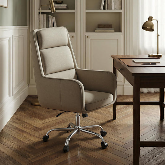 COLAMY Cocoon Modern Executive High Back Home Office Chair, Upholstered Desk Chair with Wheels, Vanity Chair with Head and Lumbar Support, Armrest (Camel)