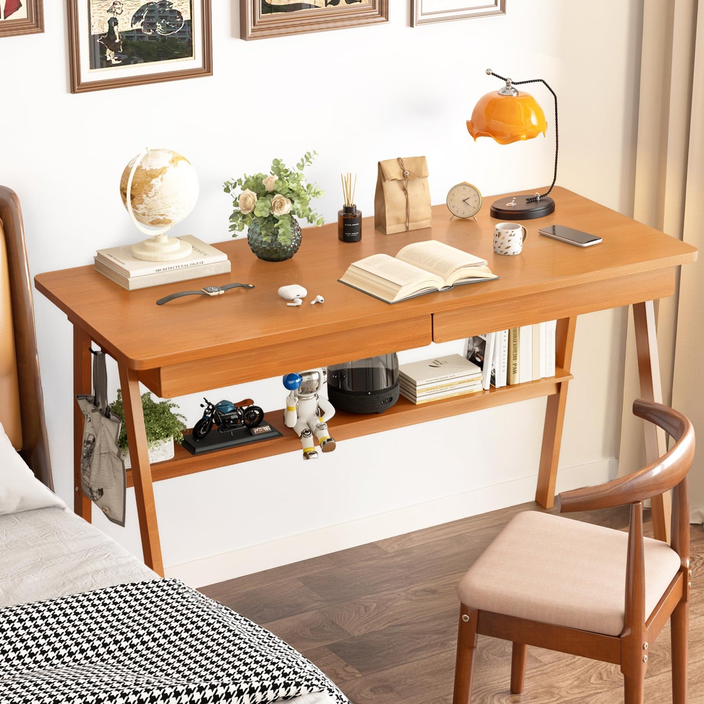 100% Solid Wood Writing Desk - 47.2" Mid Century Modern Desk, Home Office Desks with 2 Drawers and Storage Shelf, Small Computer Desks, Study Makeup Workstation for Bedroom/Living Room, Walnut