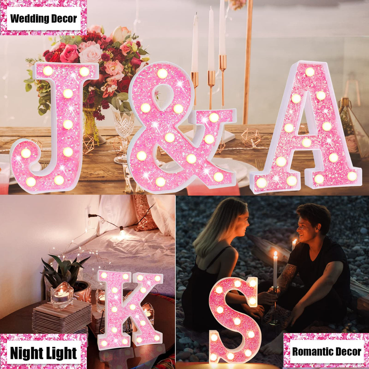 Light Up Letters, Glitter Alphabet Letter Sign Pink LED Marquee Letter Lights Battery Powered for Night Light Girls Bedroom Birthday Party Wedding Home Christmas Decorations Gift for Her-Pink A