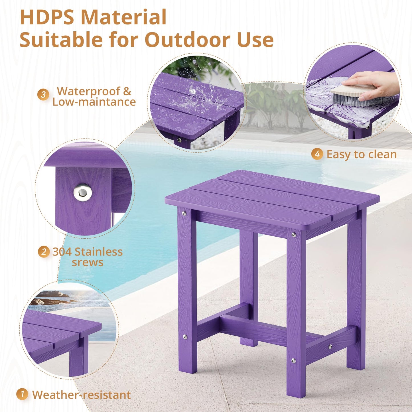LUE BONA Outdoor Side Table, HDPS Small Outdoor Adirondack Side Tables, Outside End Table for Patio, Porch, Deck, Pool, Weather Resistant/Easy Maintenance,Purple