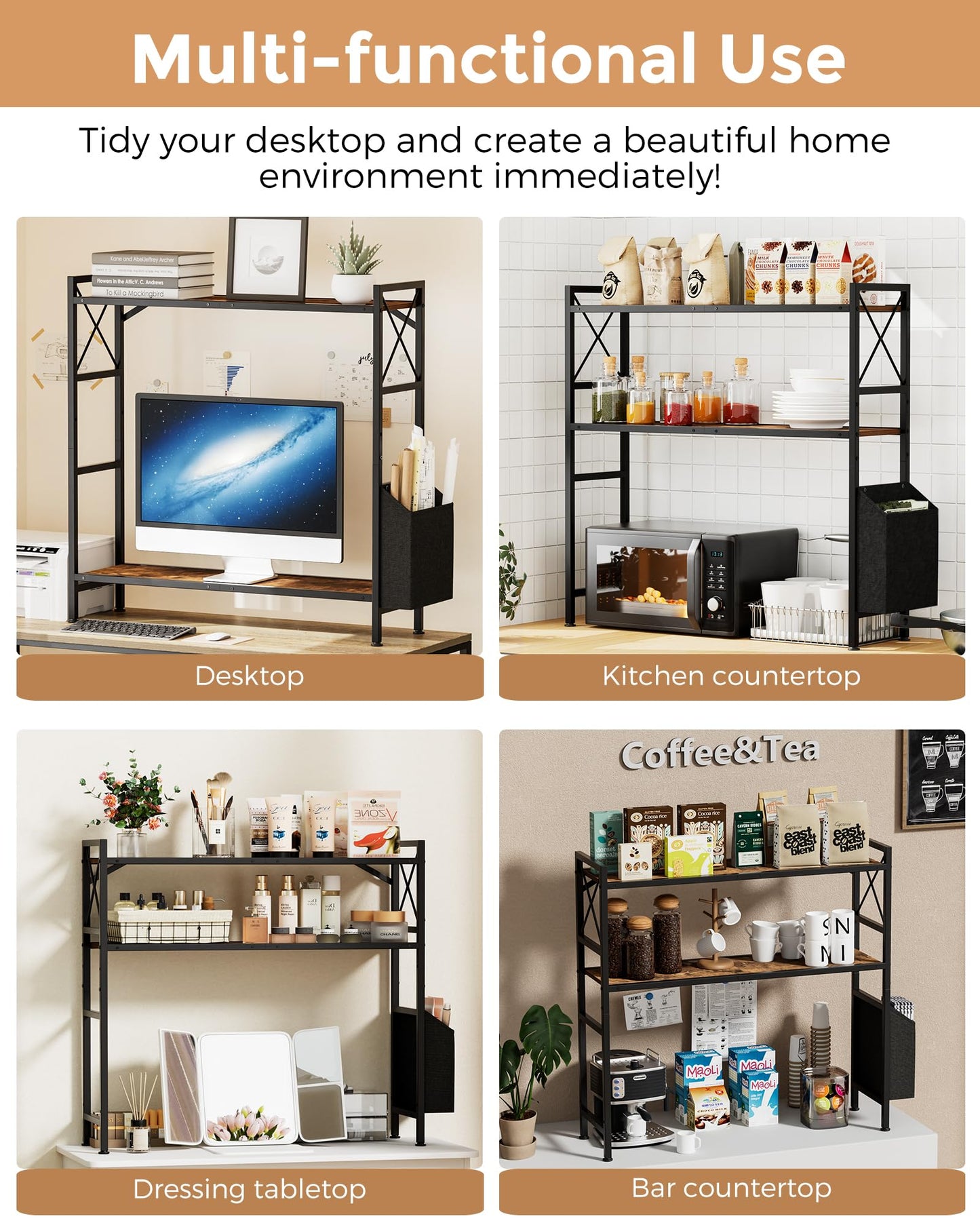 LAND·VOI Desk Shelf, 2 Tires Desktop Bookshelf, 31.9 Inchs Desk Hutch for Computer Monitor, Wood Desktop Display Rack, Adjustable Height Desk Organizer Shelf, for Home, Office, Dorm, Black EDS11BR01