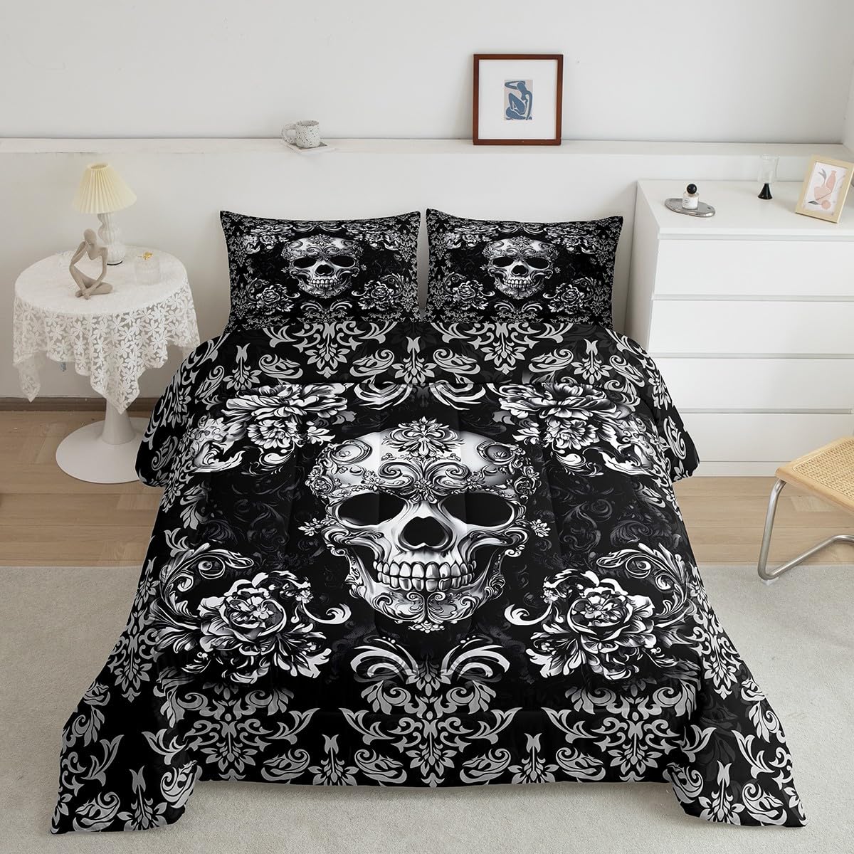 Castle Fairy Sugar Skull Duvet Cover Set Twin Size for Kids Teens Boys,Damask Floral Bedding Sets Girls Women Gothic Style Room Decor,Black Grey Ombre Flower Quilted Duvet 2Pcs 1 Pillowcase
