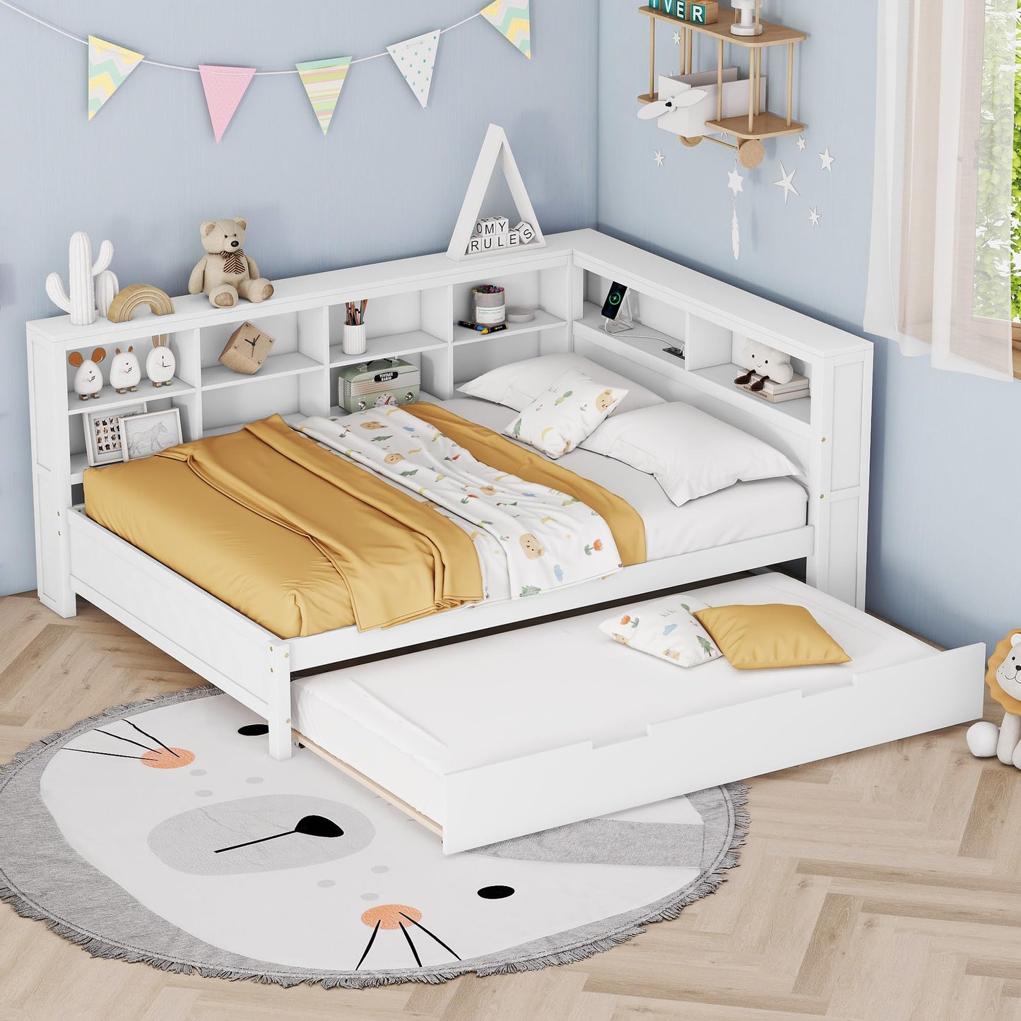 Ball & Cast Full Size Daybed W/Twin Size Trundle,Day Bed with Pop Up Trundle Bed W/USB Charging Ports,Wooden Sofa Bed W/Storage Shelf,No Box Spring Needed,for Bedroom,Guest Room,White
