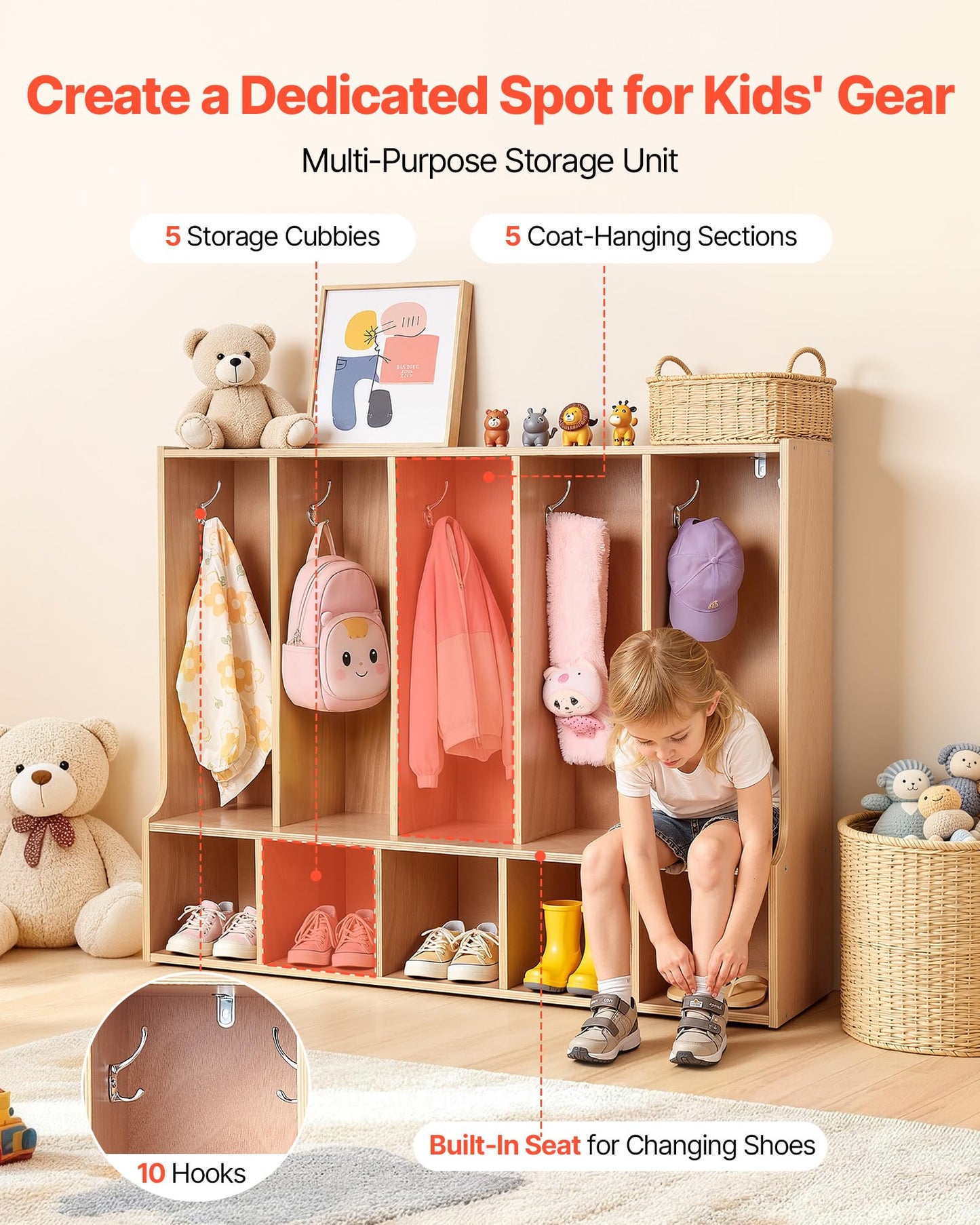 VEVOR 5-Section Coat Locker with Bench, Kids Lockers with 10 Hooks & Non-Slip Mat, Classroom Cubbies for Daycare, Home, Kindergarten- Natural