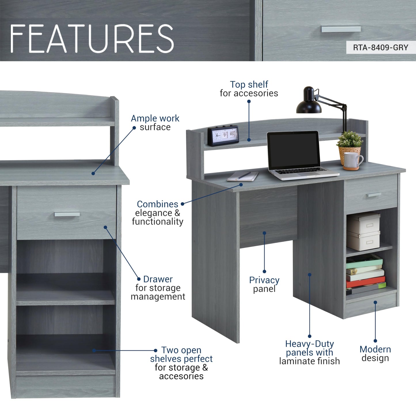 Techni Mobili Modern Office Hutch Writing Desk, Grey